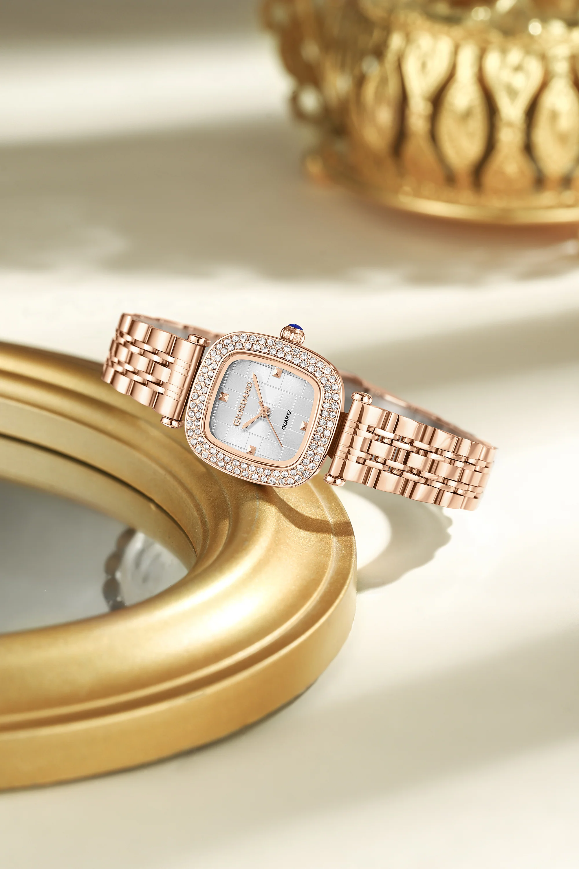 Giordano Analog Quartz Watch for Women with Textured Square White Dial, Crystal Studded Bezel, Blue Crown, Rose Gold Stainless Steel Strap - GZ-60165-99 - Image 3