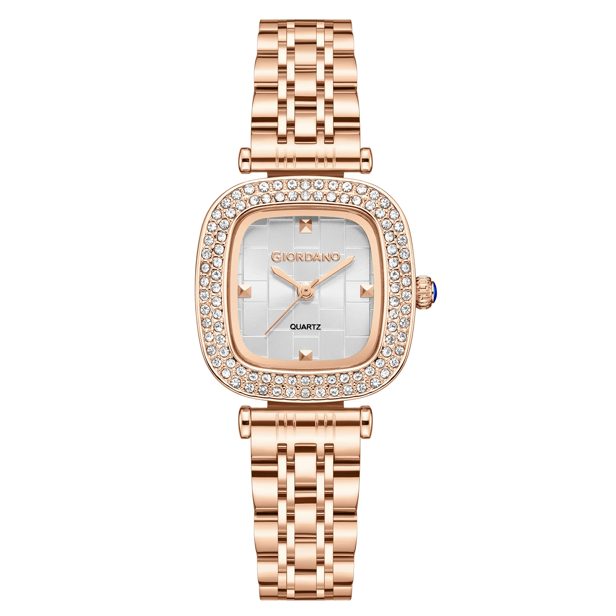 Giordano Analog Quartz Watch for Women with Textured Square White Dial, Crystal Studded Bezel, Blue Crown, Rose Gold Stainless Steel Strap - GZ-60165-99 - Image 4