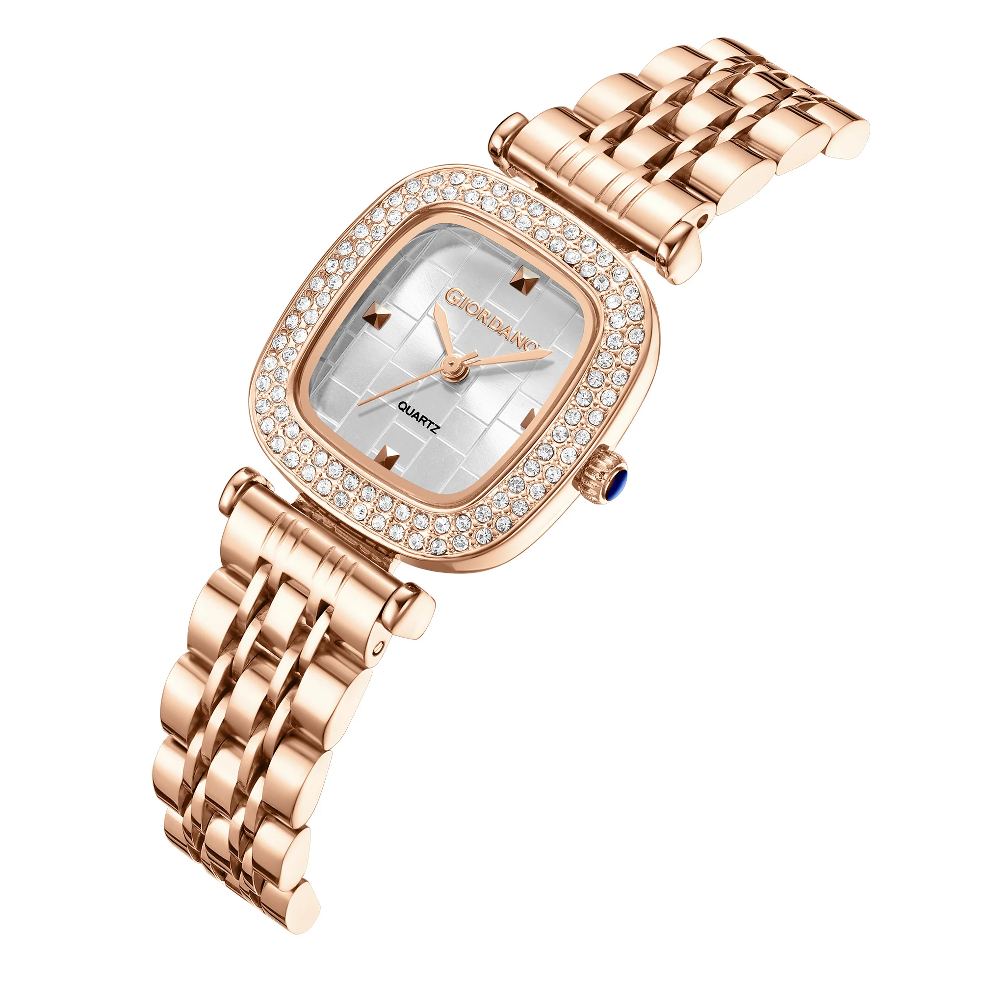 Giordano Analog Quartz Watch for Women with Textured Square White Dial, Crystal Studded Bezel, Blue Crown, Rose Gold Stainless Steel Strap - GZ-60165-99 - Image 5