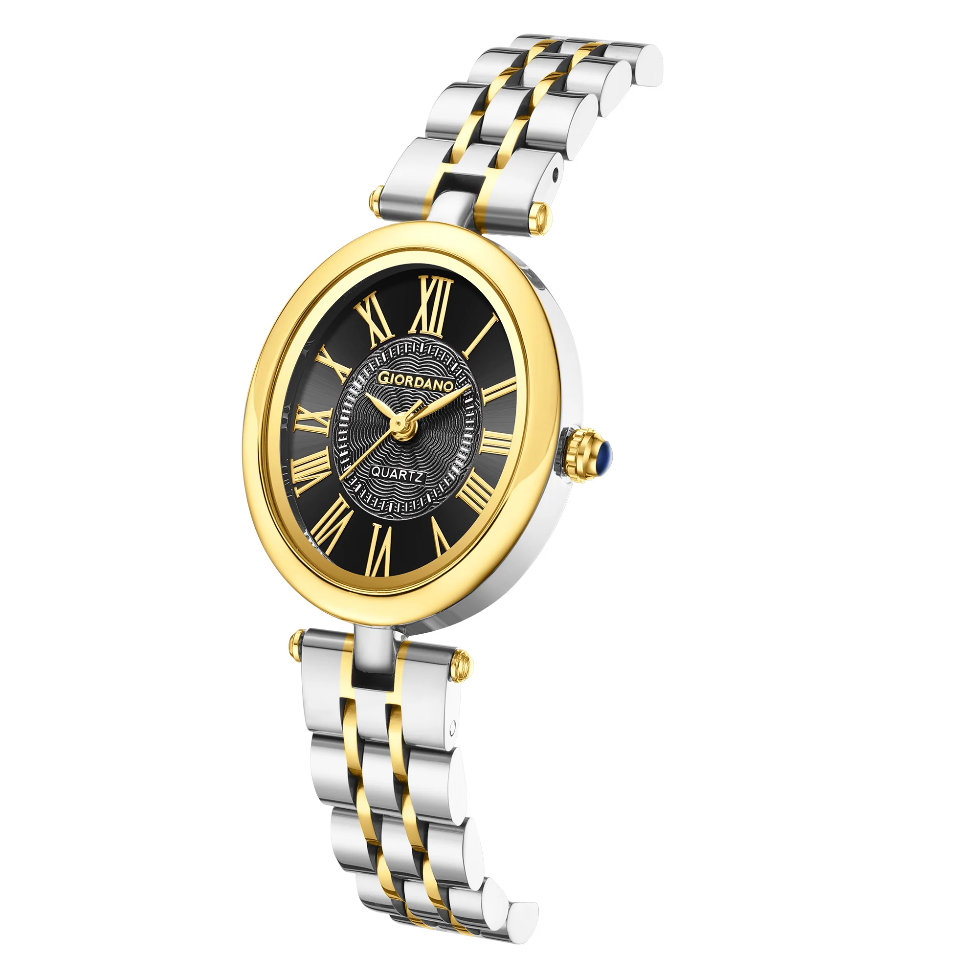 Giordano Analog Quartz Watch for Women with Texured Round Black Dial, Roman Indices, Blue Crown, Silver and Gold Stainless Steel Strap - GZ-60156-11 - Image 4
