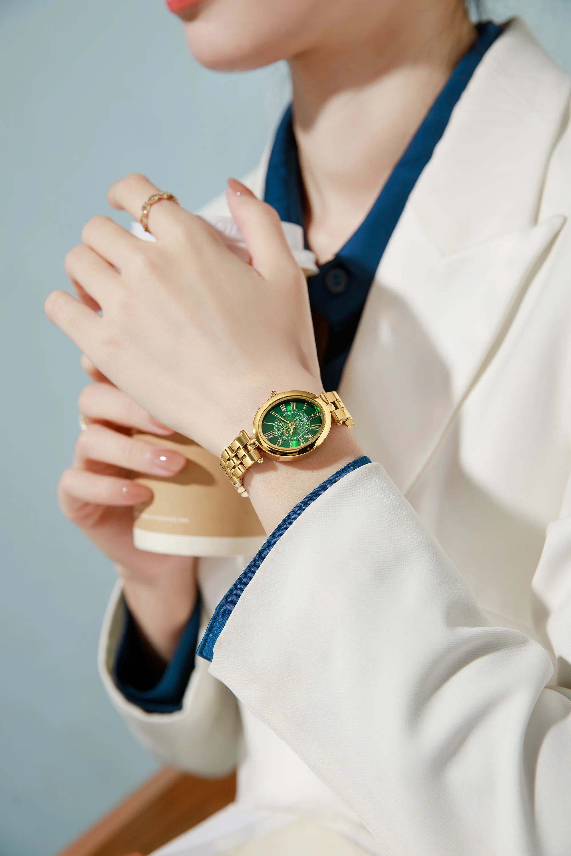 Giordano Analog Quartz Watch for Women with Texured Round Green Dial, Roman Indices, Blue Crown, Gold Stainless Steel Strap - GZ-60156-33 - Image 2