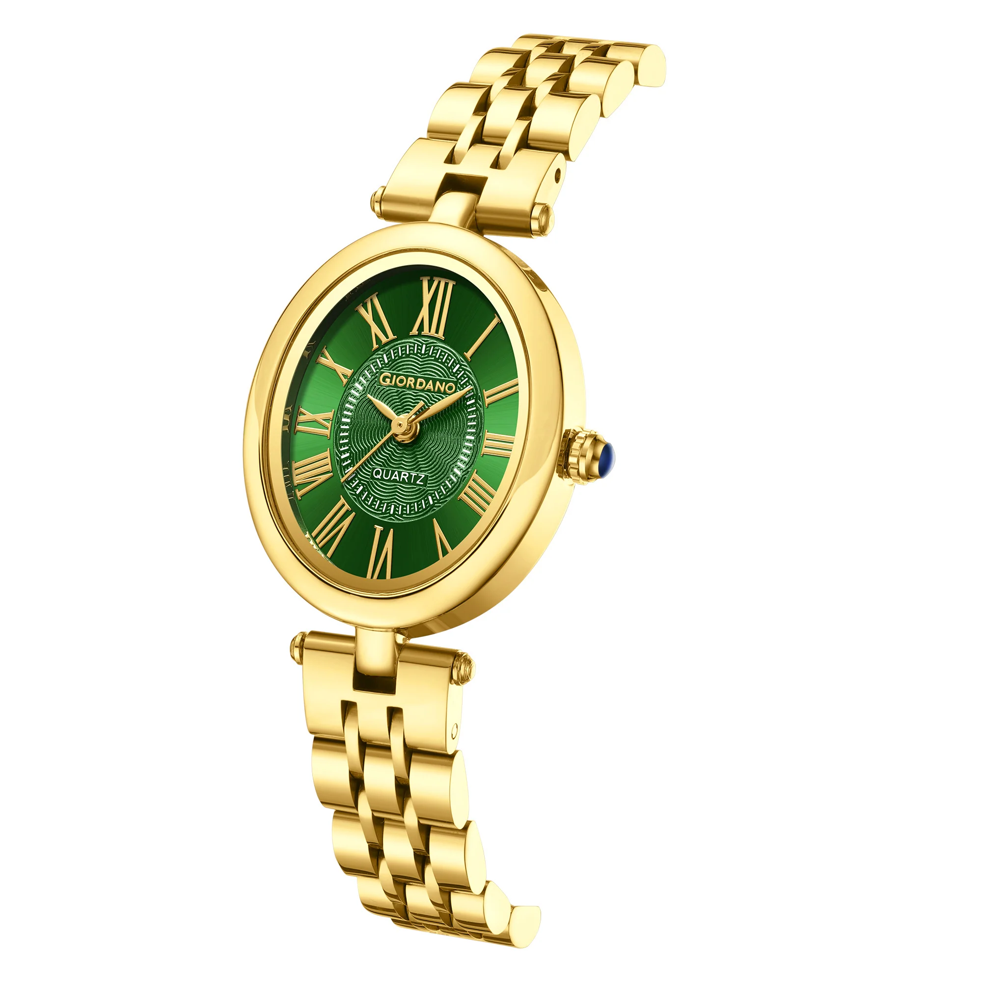 Giordano Analog Quartz Watch for Women with Texured Round Green Dial, Roman Indices, Blue Crown, Gold Stainless Steel Strap - GZ-60156-33 - Image 4