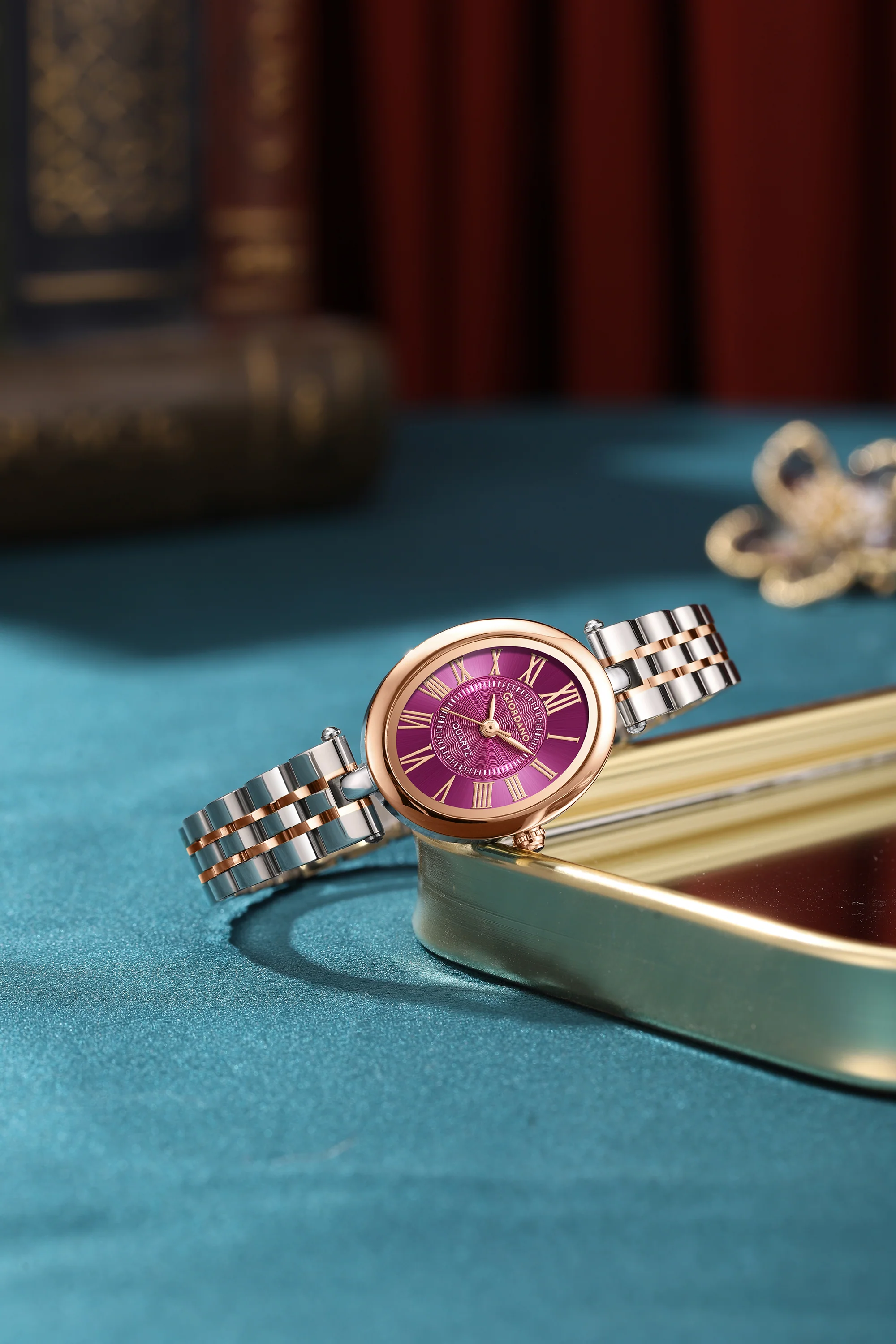 Giordano Analog Quartz Watch for Women with Texured Round Purple Dial, Roman Indices, Blue Crown, Silver and Rose Gold Stainless Steel Strap - GZ-60156-44 - Image 3