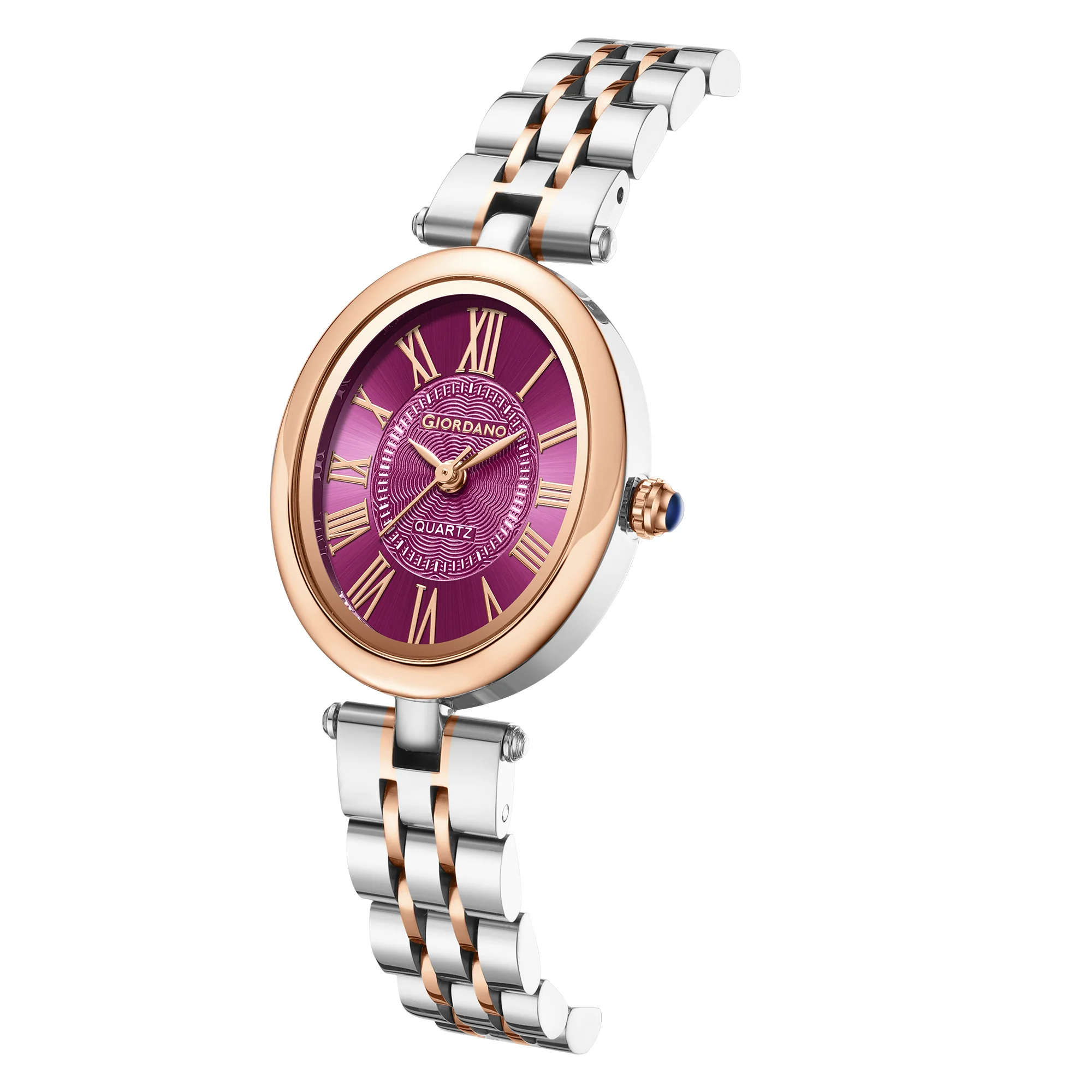 Giordano Analog Quartz Watch for Women with Texured Round Purple Dial, Roman Indices, Blue Crown, Silver and Rose Gold Stainless Steel Strap - GZ-60156-44 - Image 4