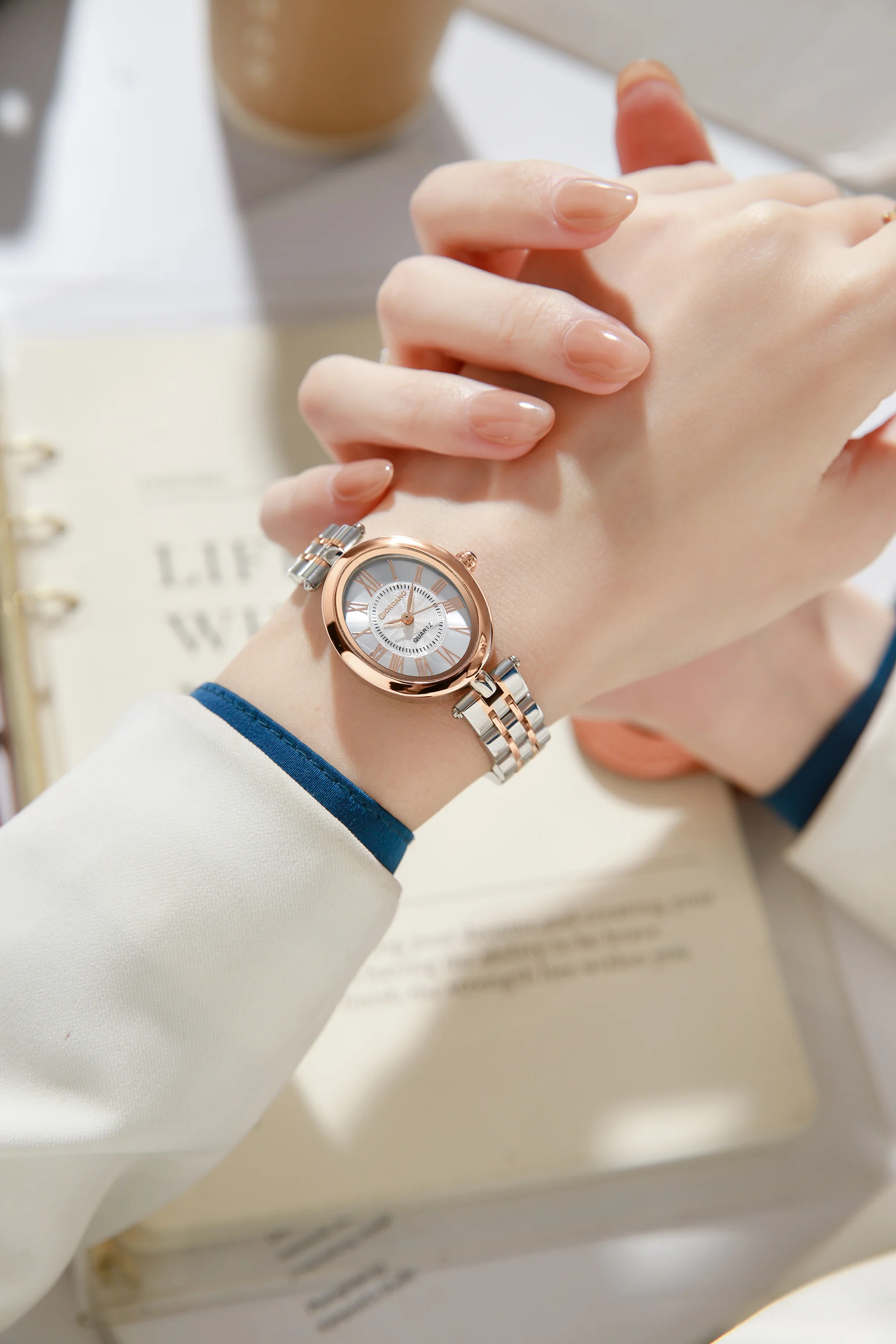 Giordano Analog Quartz Watch for Women with Texured Round White Dial, Roman Indices, Blue Crown, Silver and Rose Gold Stainless Steel Strap - GZ-60156-22 - Image 2