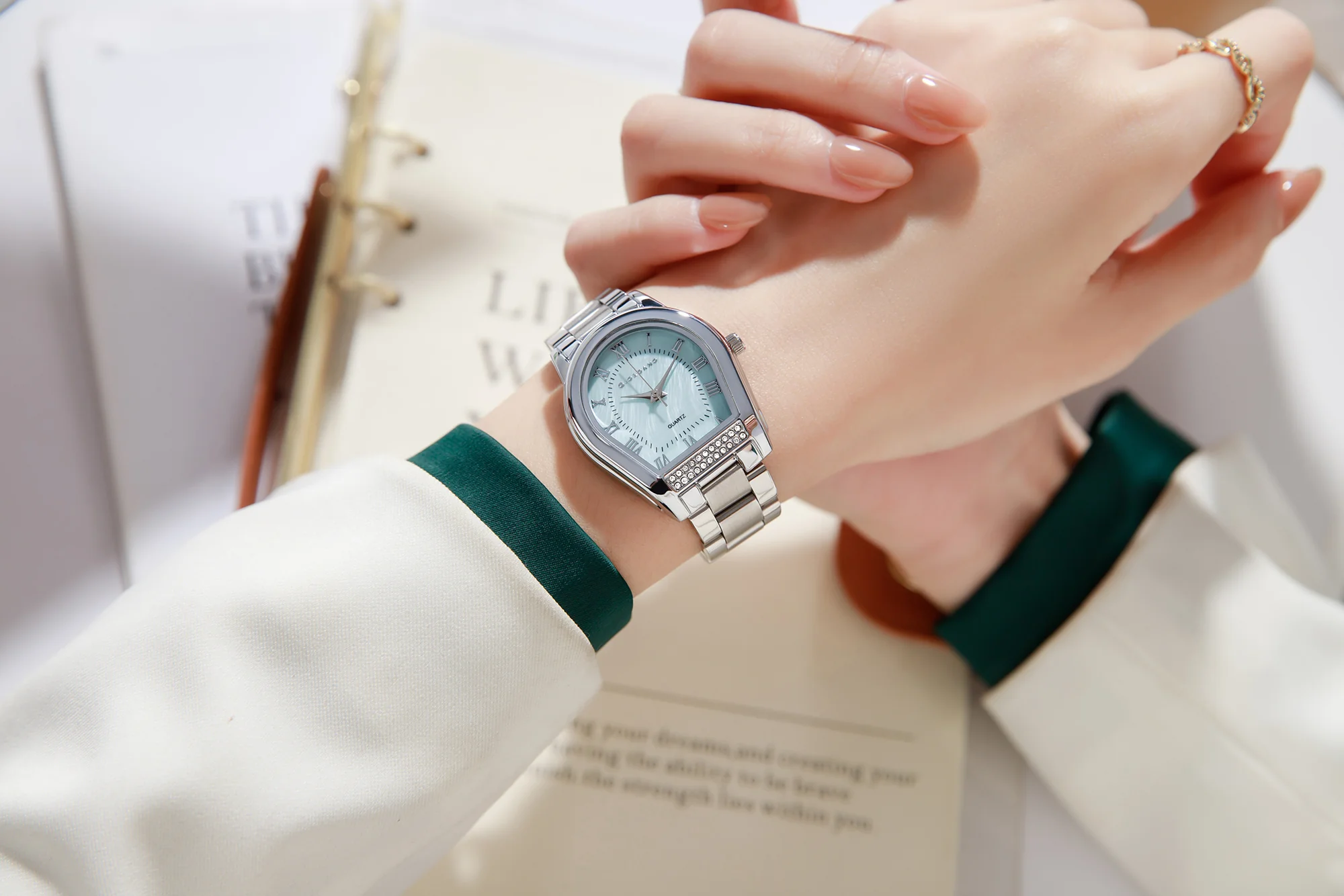 Giordano Analog Quartz Watch for Women with Tonneau-Shaped Mother-of-Pearl Dial, Roman Numeral Markers, Crystal Detail and Stainless Steel Strap GZ-60136-11 - Image 2