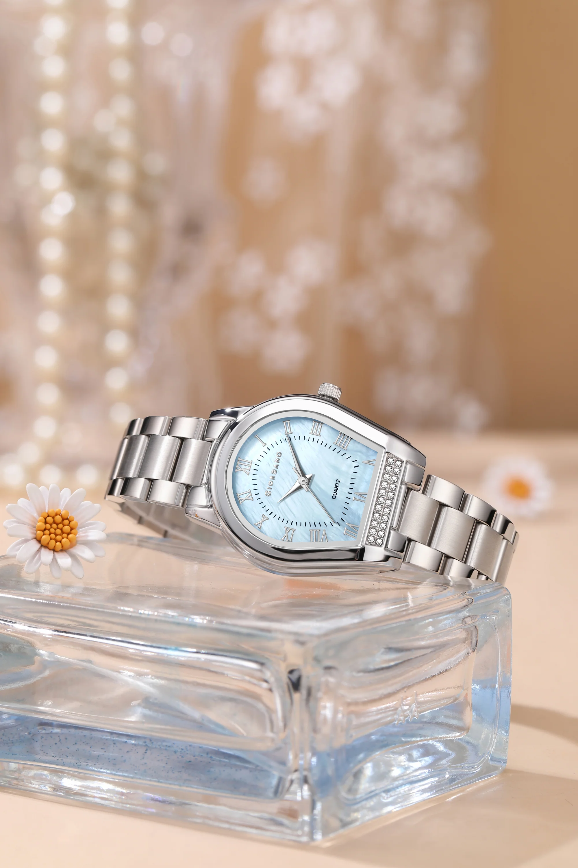 Giordano Analog Quartz Watch for Women with Tonneau-Shaped Mother-of-Pearl Dial, Roman Numeral Markers, Crystal Detail and Stainless Steel Strap GZ-60136-11 - Image 3