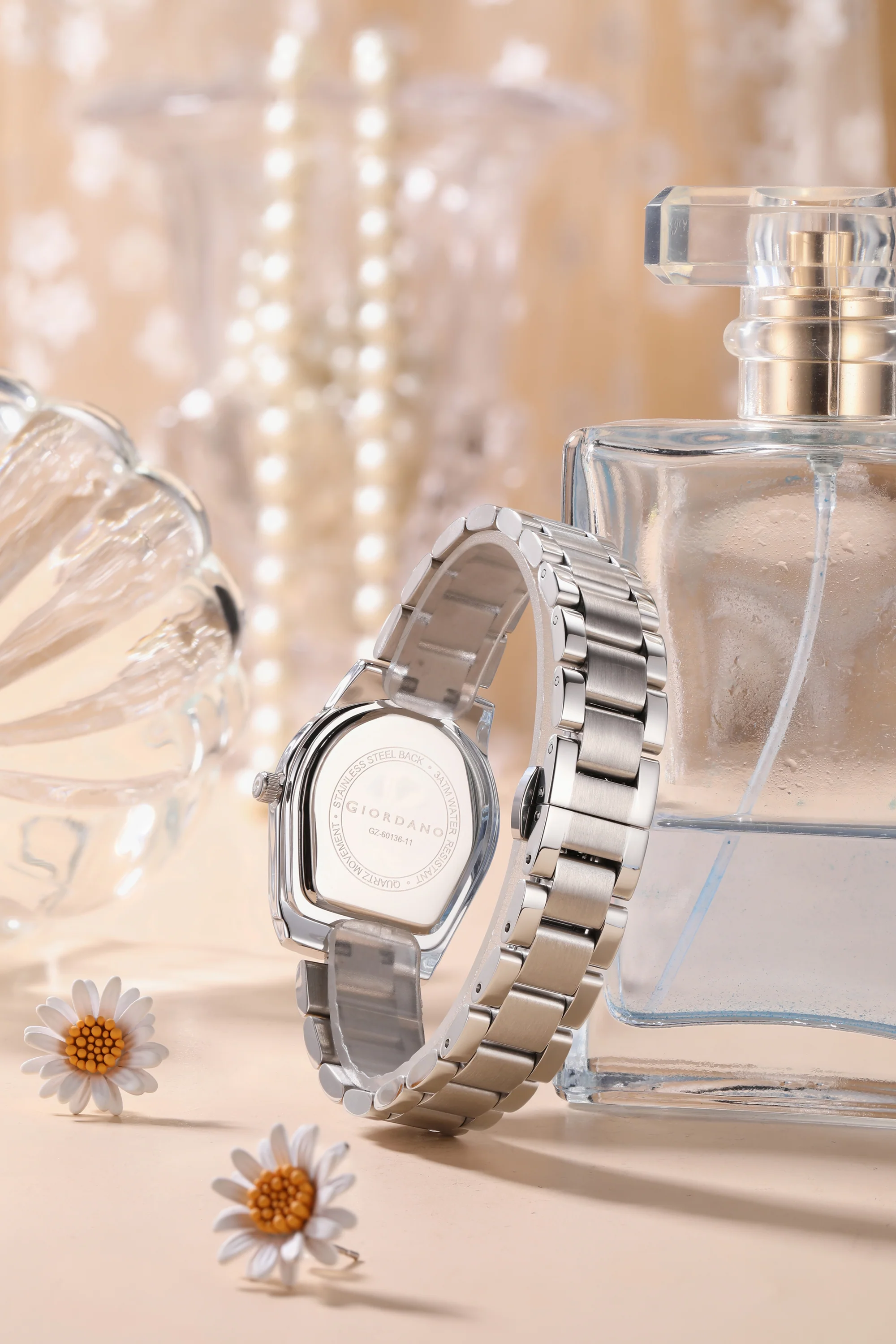 Giordano Analog Quartz Watch for Women with Tonneau-Shaped Mother-of-Pearl Dial, Roman Numeral Markers, Crystal Detail and Stainless Steel Strap GZ-60136-11 - Image 4