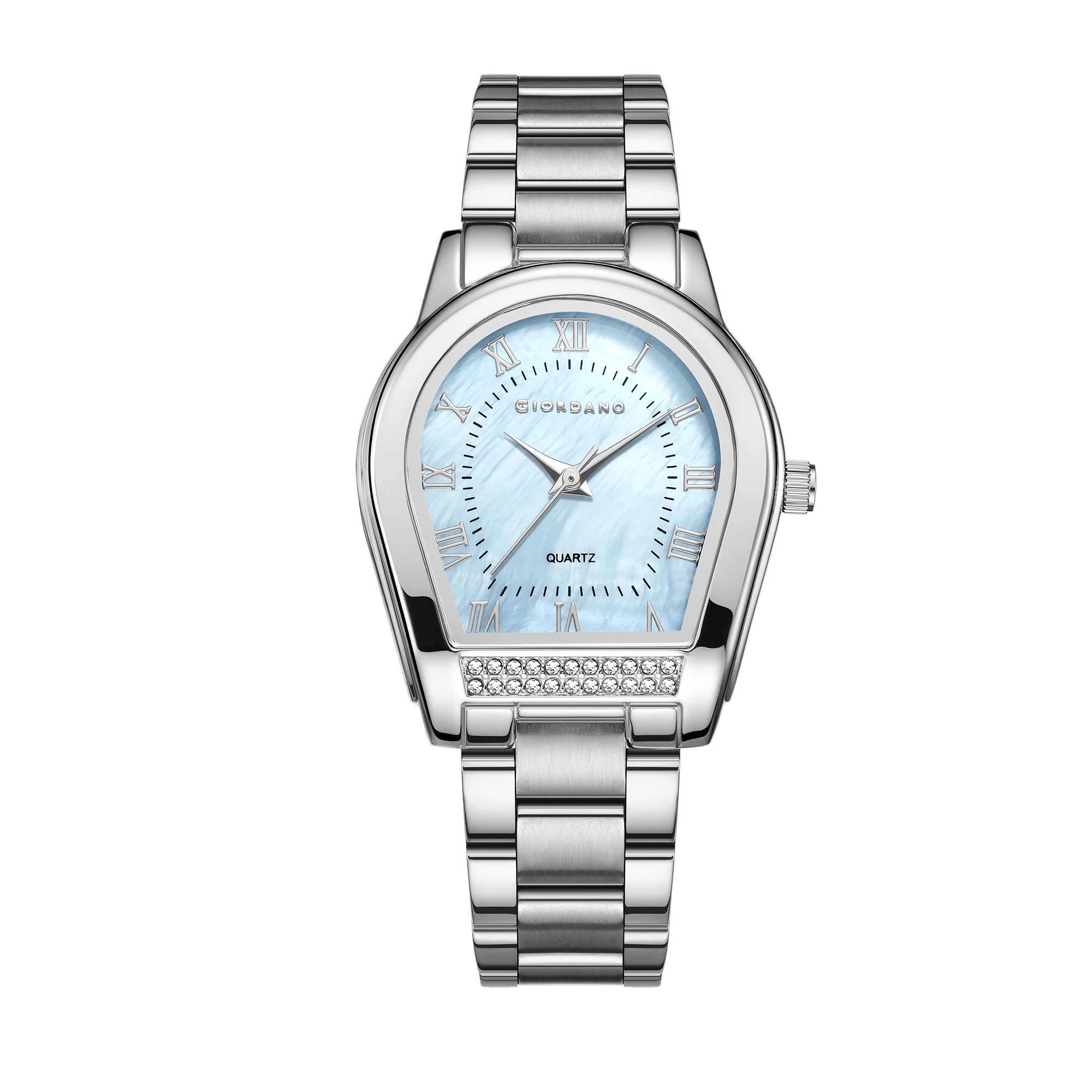Giordano Analog Quartz Watch for Women with Tonneau-Shaped Mother-of-Pearl Dial, Roman Numeral Markers, Crystal Detail and Stainless Steel Strap GZ-60136-11 - Image 5