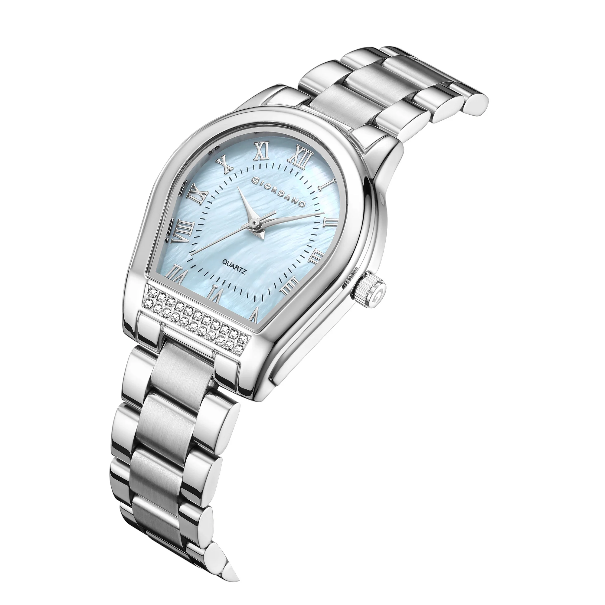 Giordano Analog Quartz Watch for Women with Tonneau-Shaped Mother-of-Pearl Dial, Roman Numeral Markers, Crystal Detail and Stainless Steel Strap GZ-60136-11 - Image 6