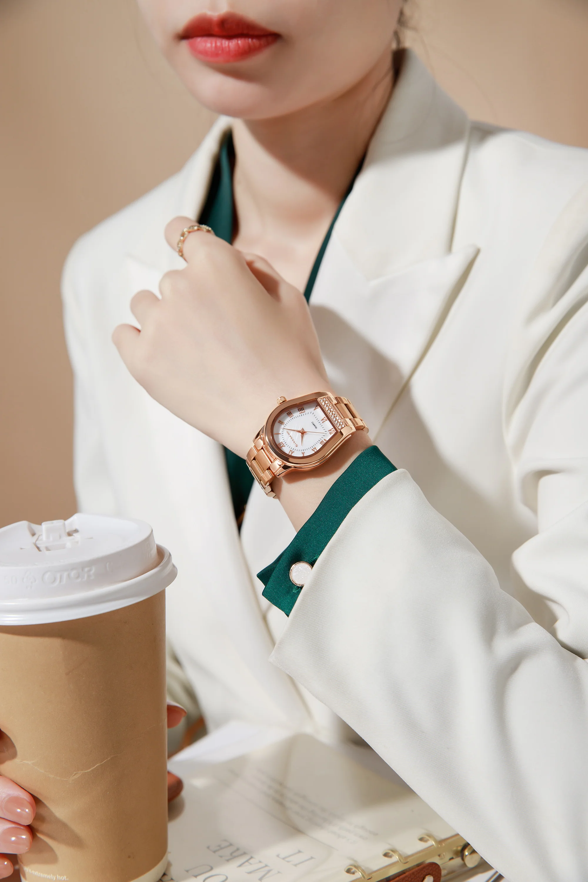 Giordano Analog Quartz Watch for Women with Tonneau-Shaped Mother-of-Pearl Dial, Roman Numeral Markers, Crystal Detail and Stainless Steel Strap GZ-60136-22 - Image 2
