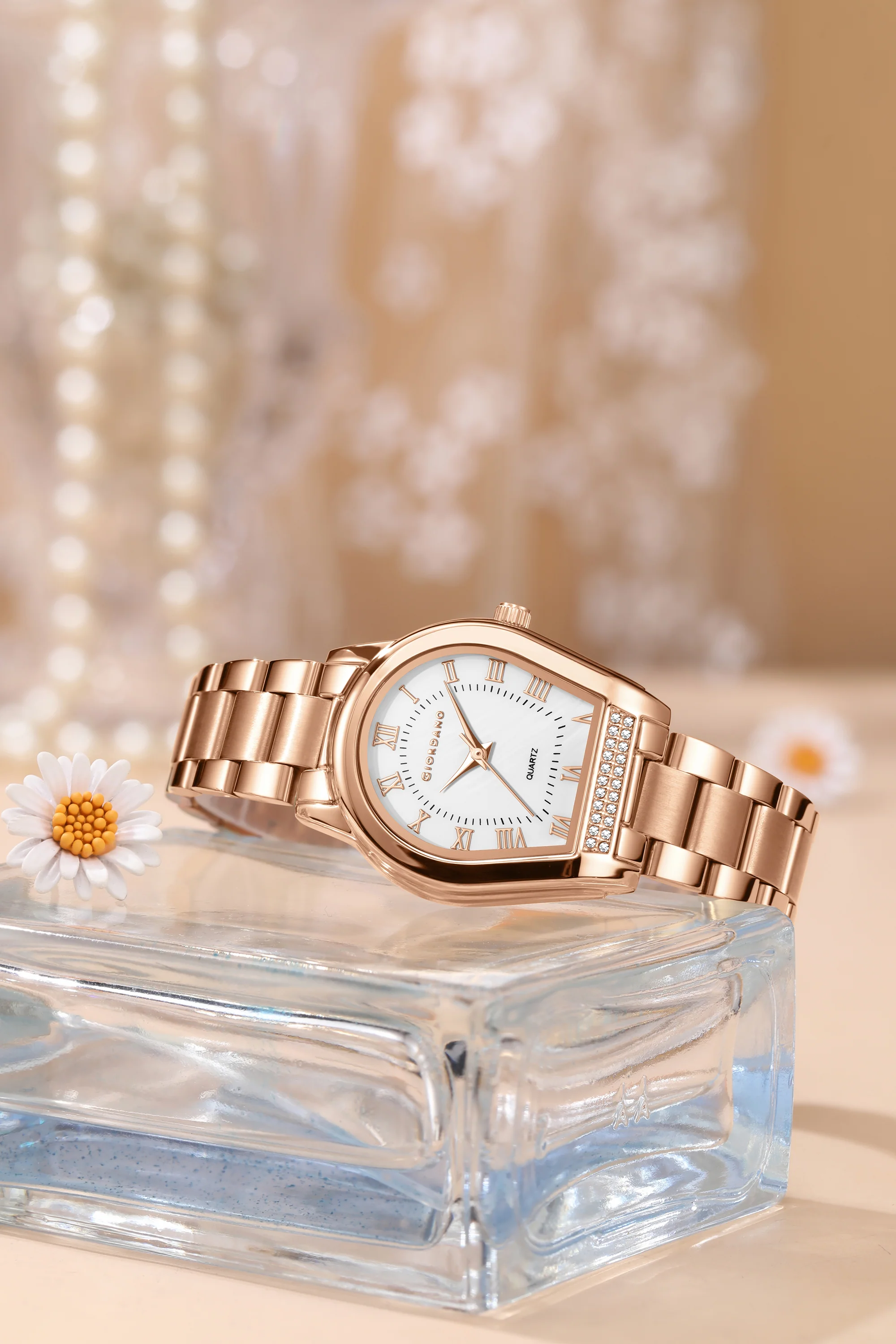 Giordano Analog Quartz Watch for Women with Tonneau-Shaped Mother-of-Pearl Dial, Roman Numeral Markers, Crystal Detail and Stainless Steel Strap GZ-60136-22 - Image 3