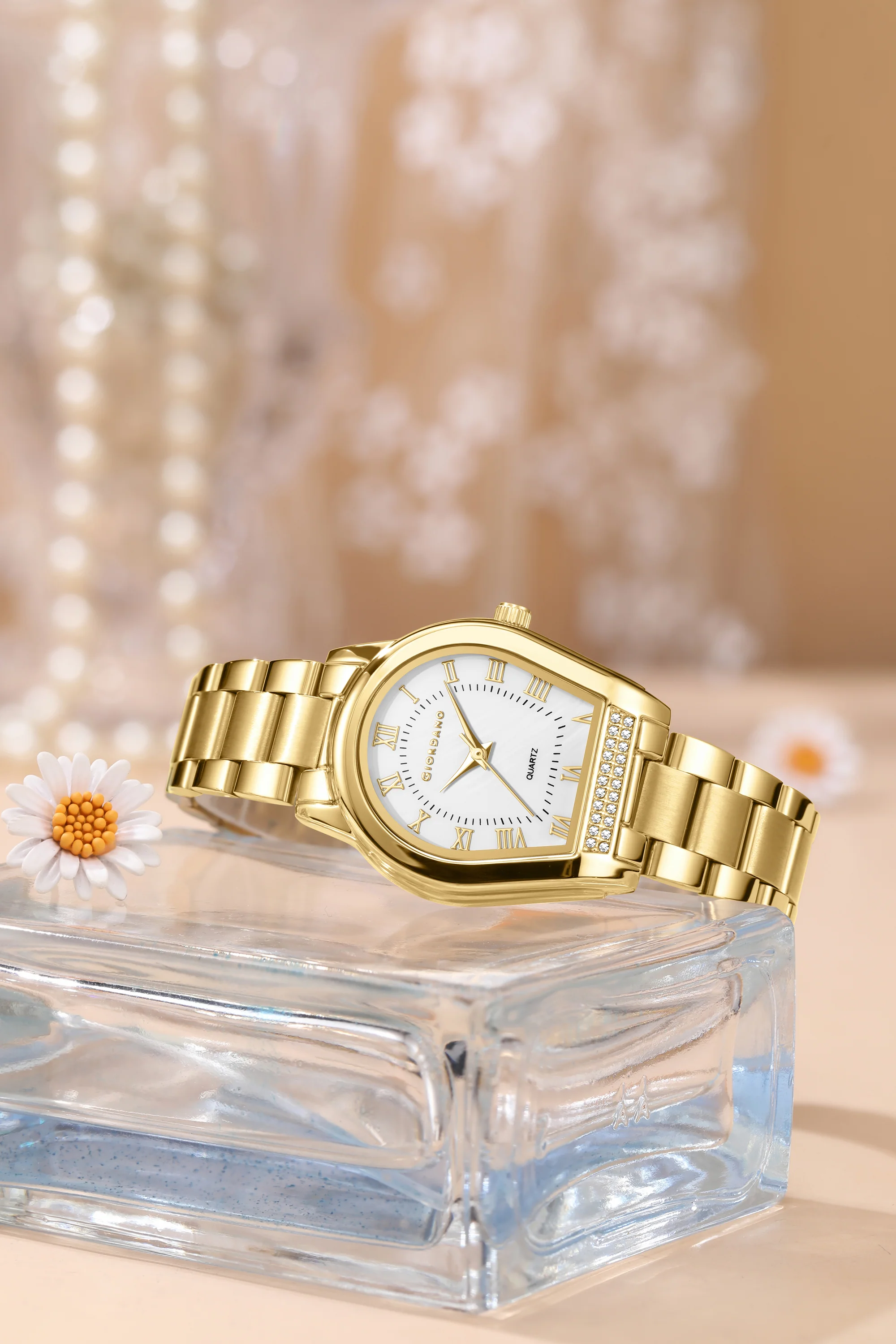 Giordano Analog Quartz Watch for Women with Tonneau-Shaped Mother-of-Pearl Dial, Roman Numeral Markers, Crystal Detail and Stainless Steel Strap GZ-60136-33 - Image 3