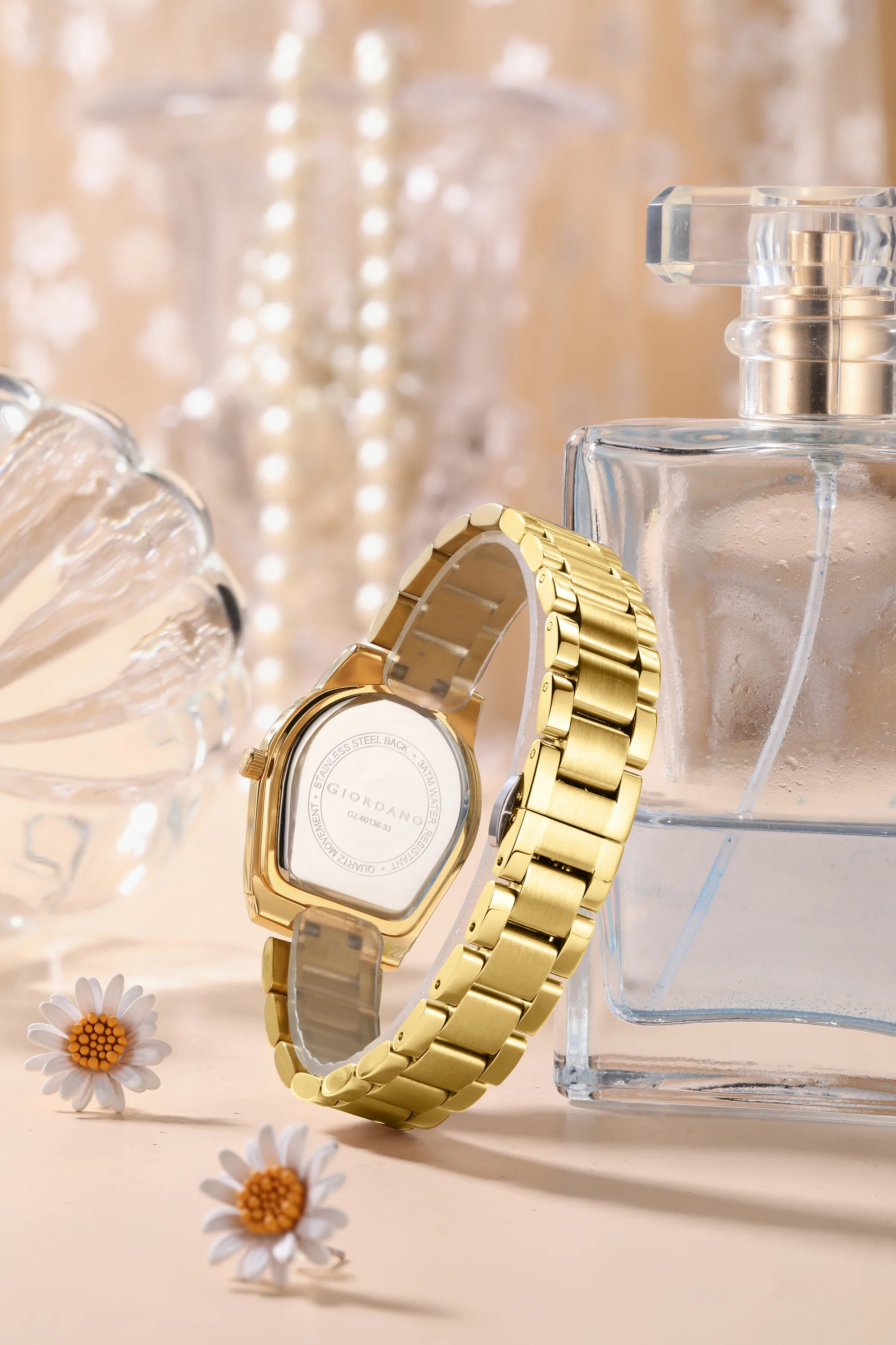 Giordano Analog Quartz Watch for Women with Tonneau-Shaped Mother-of-Pearl Dial, Roman Numeral Markers, Crystal Detail and Stainless Steel Strap GZ-60136-33 - Image 4