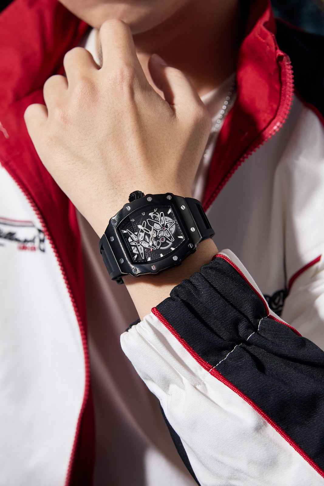 Giordano Analog Skeleton Dial Watch for Men – Tonneau Case, Silicone Strap, Open-Gear Sport Design, Quartz Movement - GZ-50188-11 - Image 2