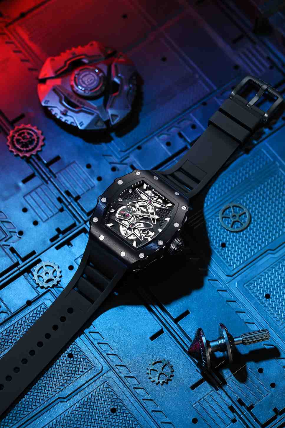 Giordano Analog Skeleton Dial Watch for Men – Tonneau Case, Silicone Strap, Open-Gear Sport Design, Quartz Movement - GZ-50188-11 - Image 3