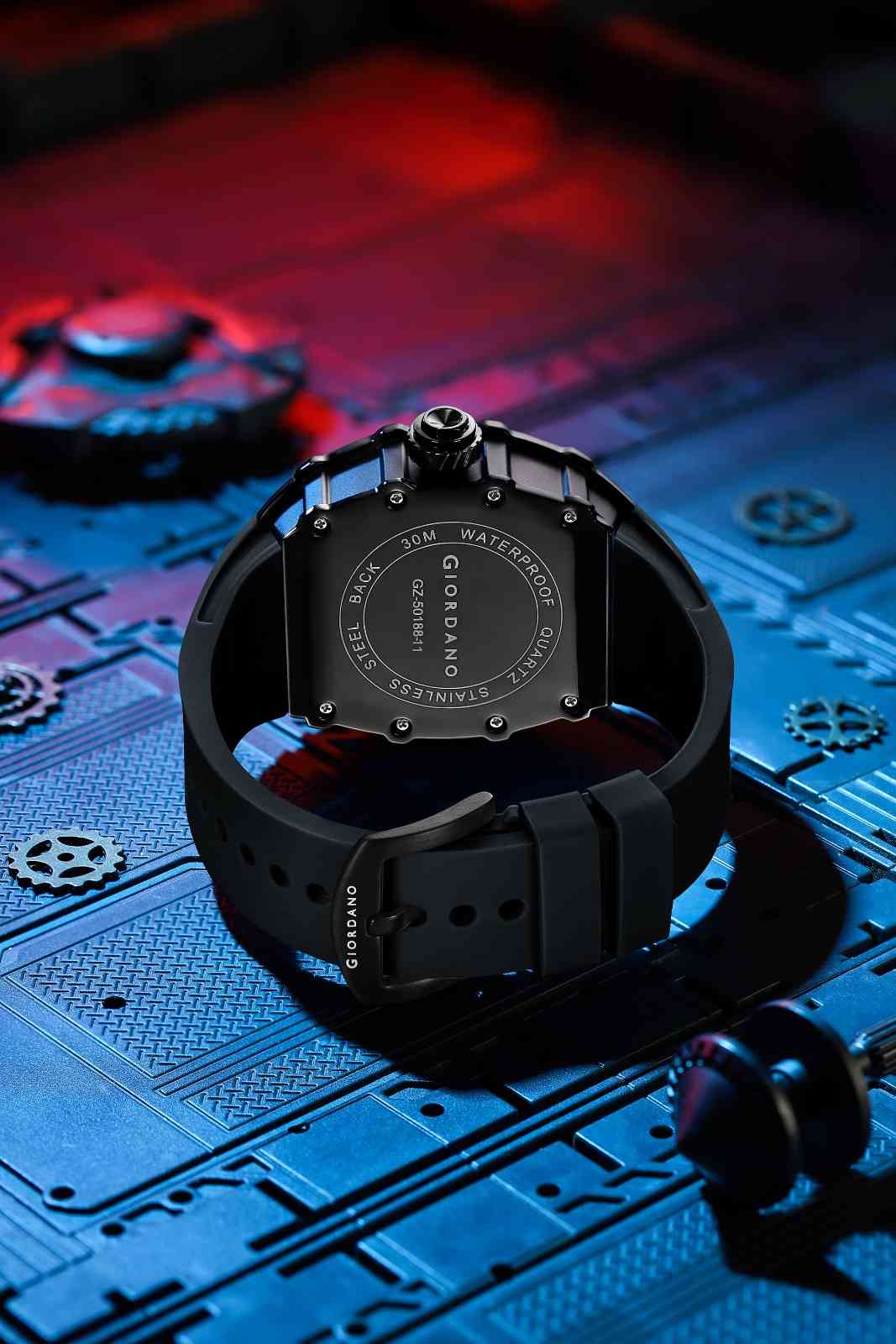 Giordano Analog Skeleton Dial Watch for Men – Tonneau Case, Silicone Strap, Open-Gear Sport Design, Quartz Movement - GZ-50188-11 - Image 4