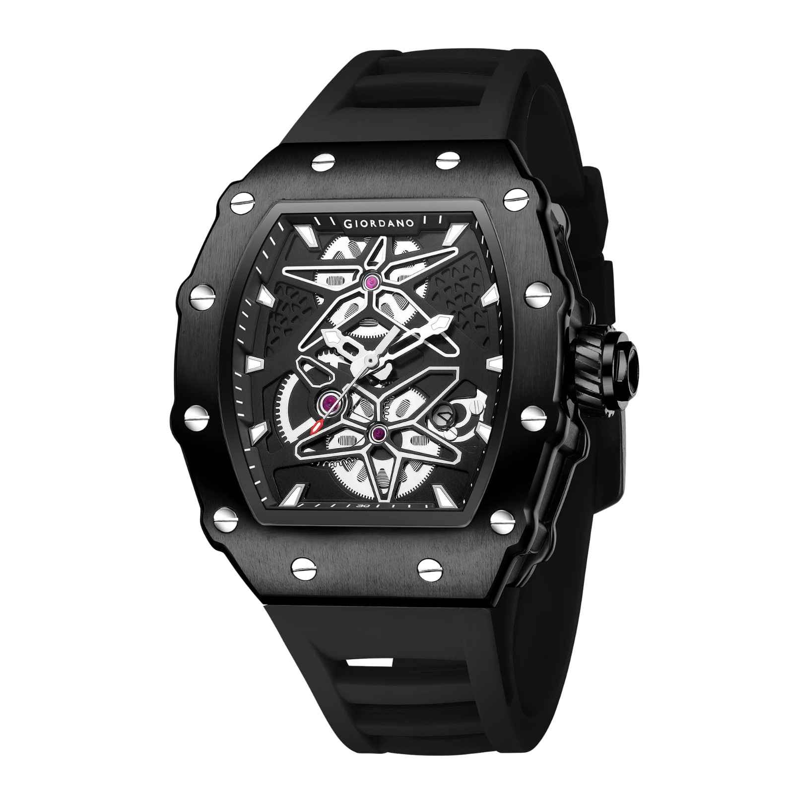Giordano Analog Skeleton Dial Watch for Men – Tonneau Case, Silicone Strap, Open-Gear Sport Design, Quartz Movement - GZ-50188-11 - Image 5