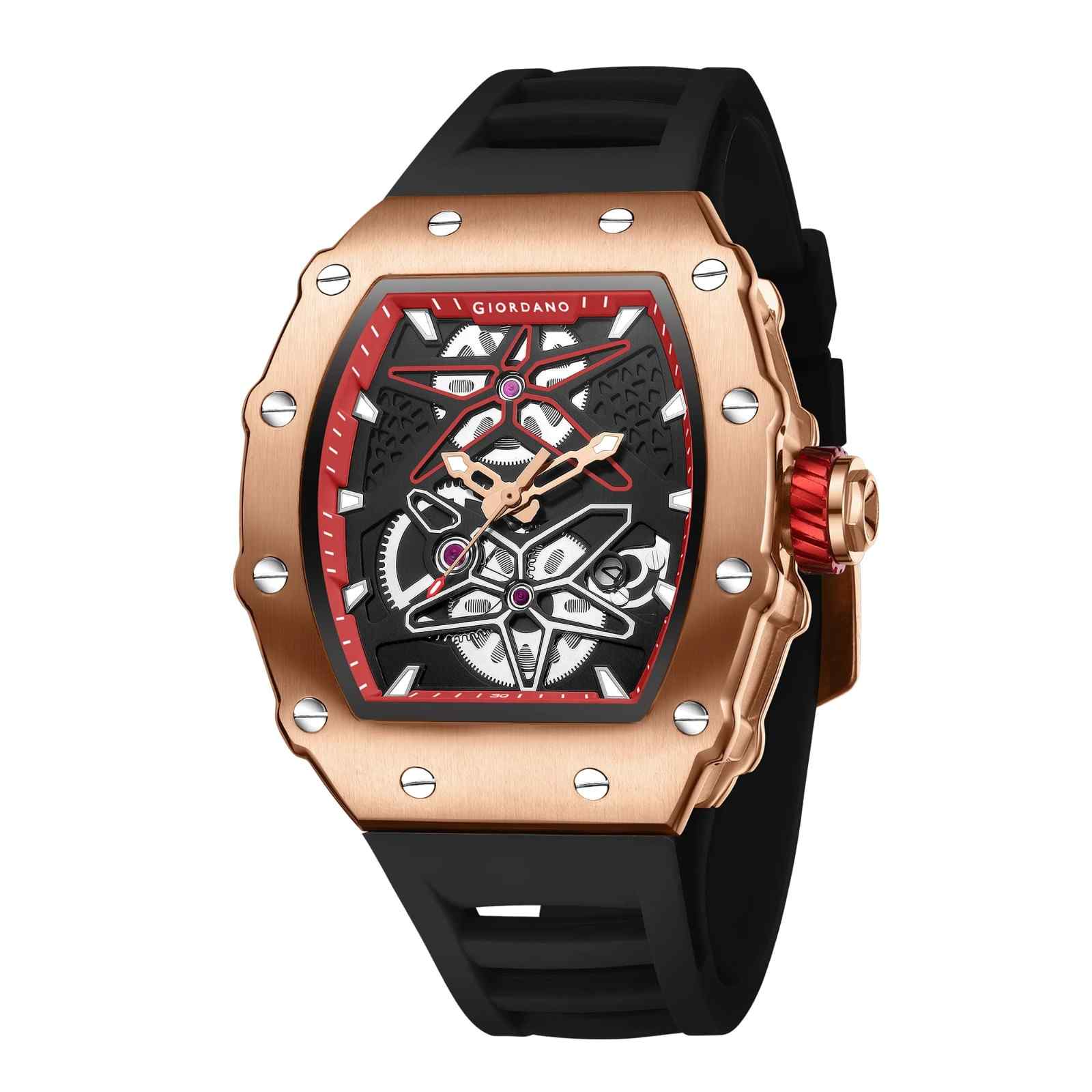 Giordano Analog Skeleton Dial Watch for Men – Tonneau Case, Silicone Strap, Open-Gear Sport Design, Quartz Movement - GZ-50188-22 - Image 5