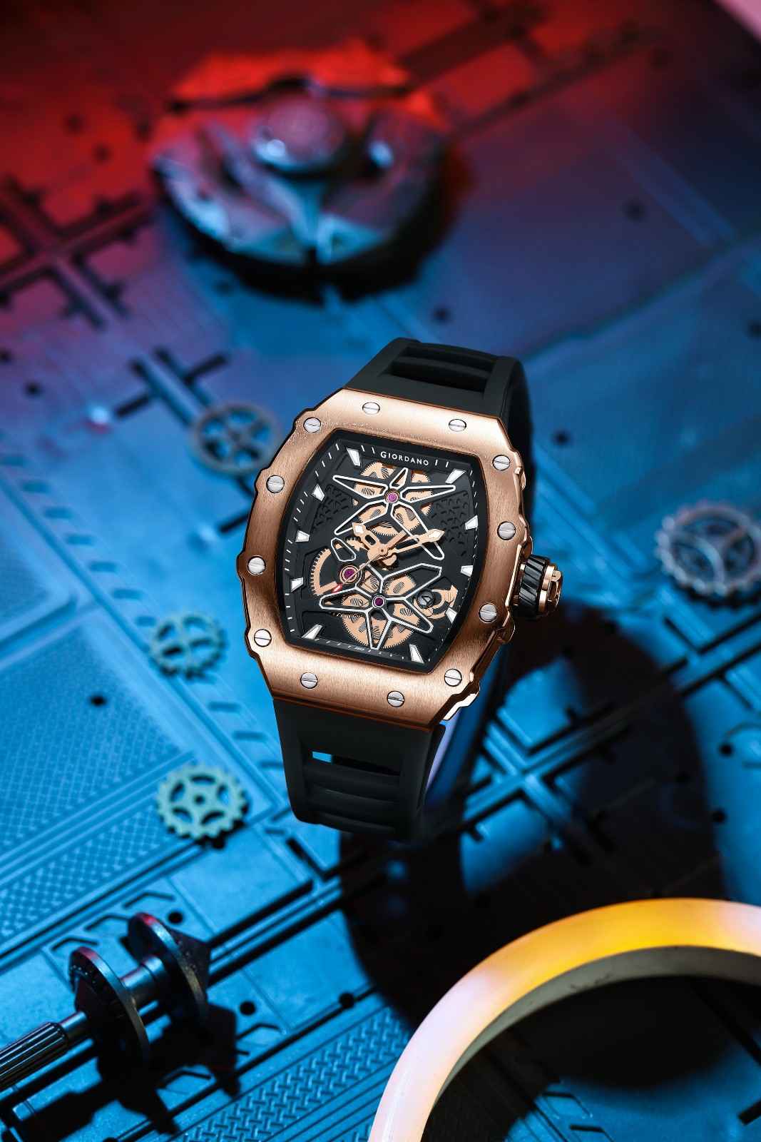 Giordano Analog Skeleton Dial Watch for Men – Tonneau Case, Silicone Strap, Open-Gear Sport Design, Quartz Movement - GZ-50188-33 - Image 2