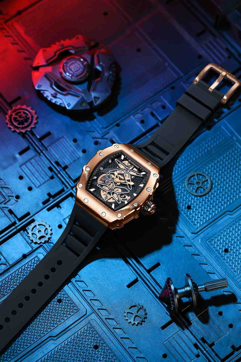 Giordano Analog Skeleton Dial Watch for Men – Tonneau Case, Silicone Strap, Open-Gear Sport Design, Quartz Movement - GZ-50188-33 - Image 4