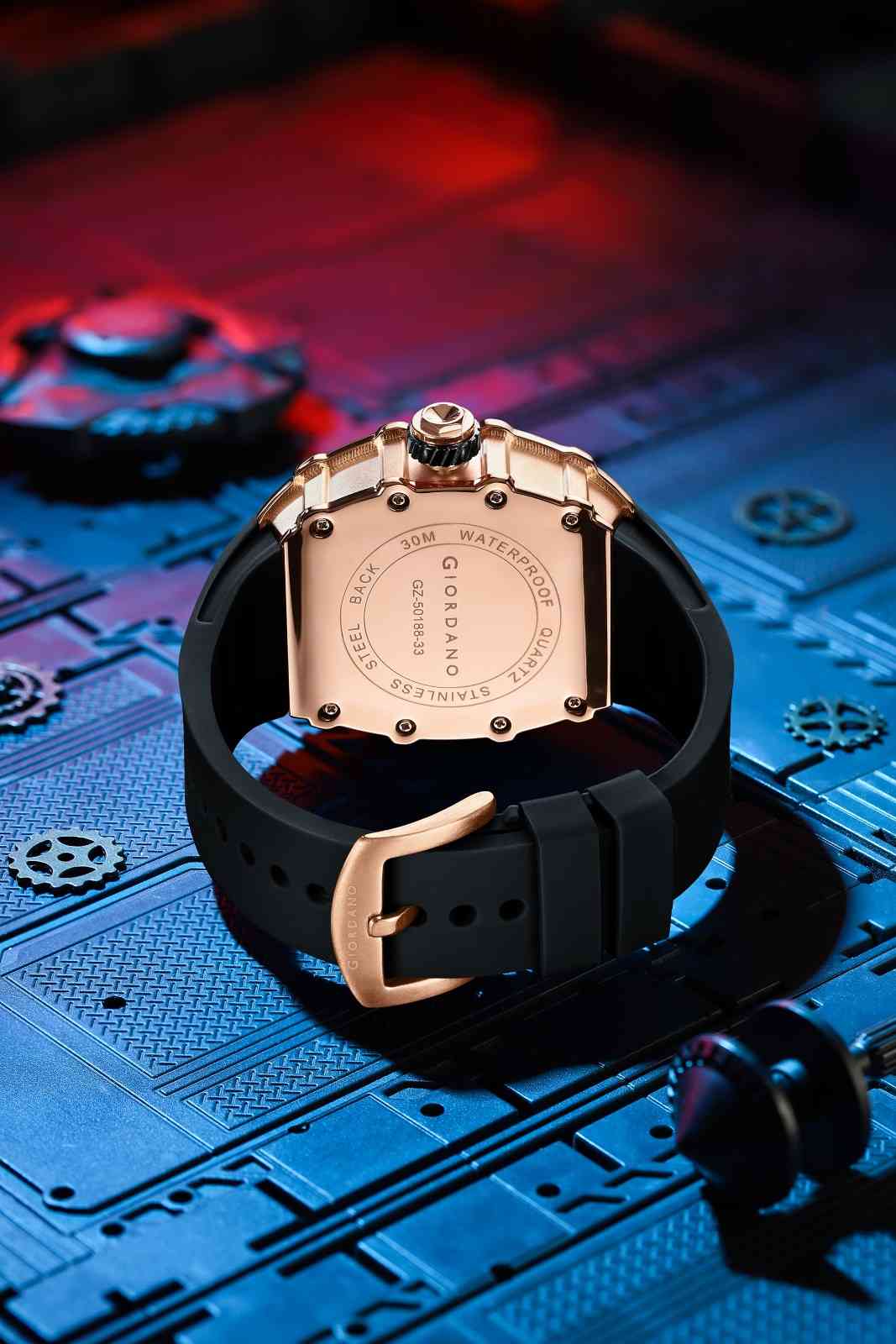 Giordano Analog Skeleton Dial Watch for Men – Tonneau Case, Silicone Strap, Open-Gear Sport Design, Quartz Movement - GZ-50188-33 - Image 5