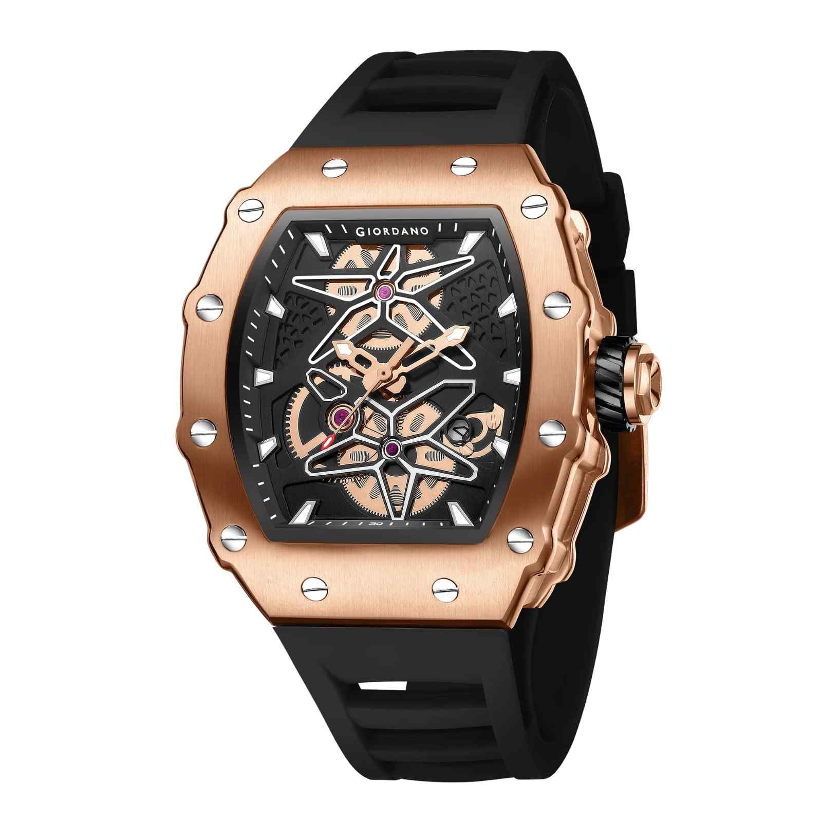 Giordano Analog Skeleton Dial Watch for Men – Tonneau Case, Silicone Strap, Open-Gear Sport Design, Quartz Movement - GZ-50188-33 - Image 6