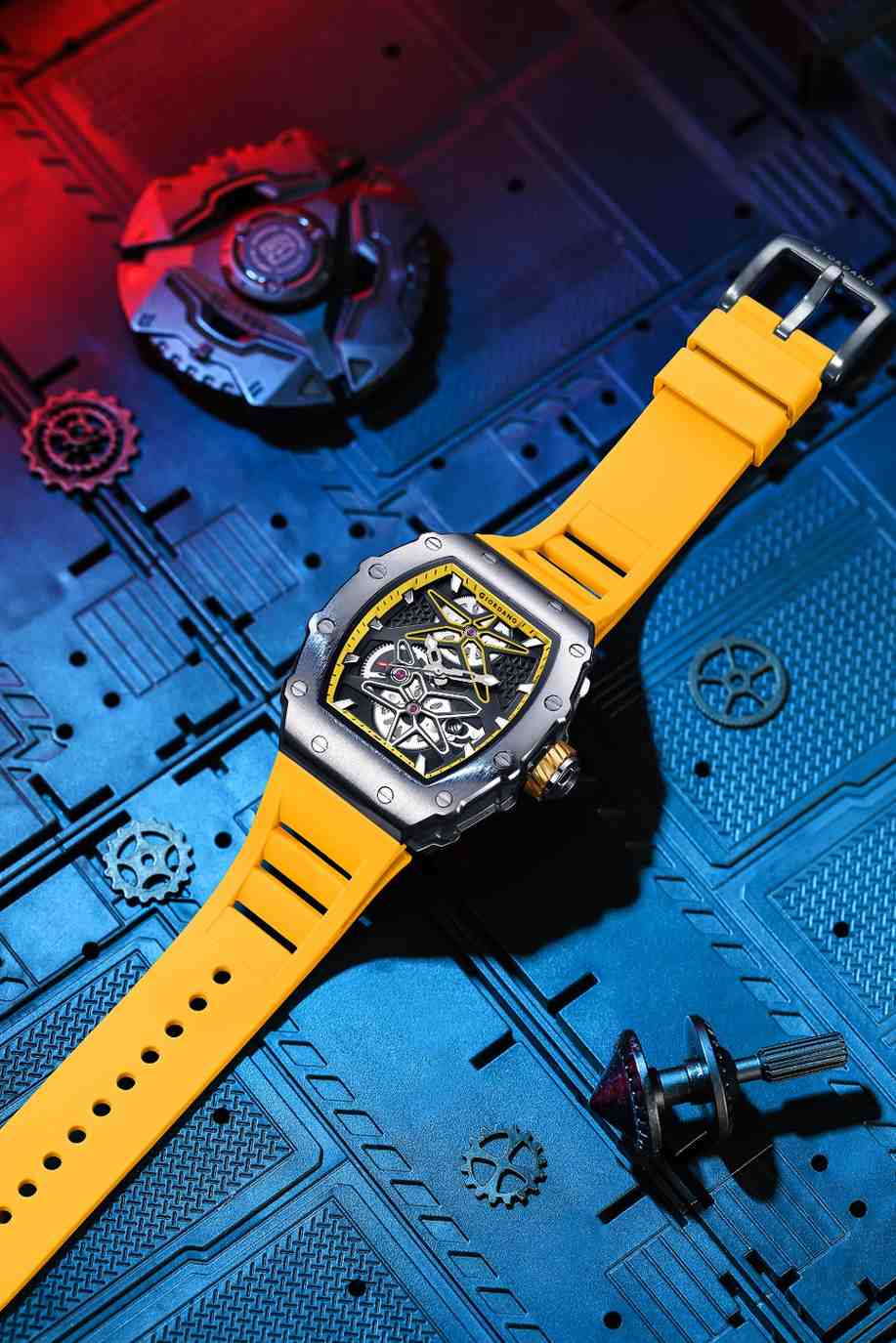 Giordano Analog Skeleton Dial Watch for Men – Tonneau Case, Silicone Strap, Open-Gear Sport Design, Quartz Movement - GZ-50188-44 - Image 3