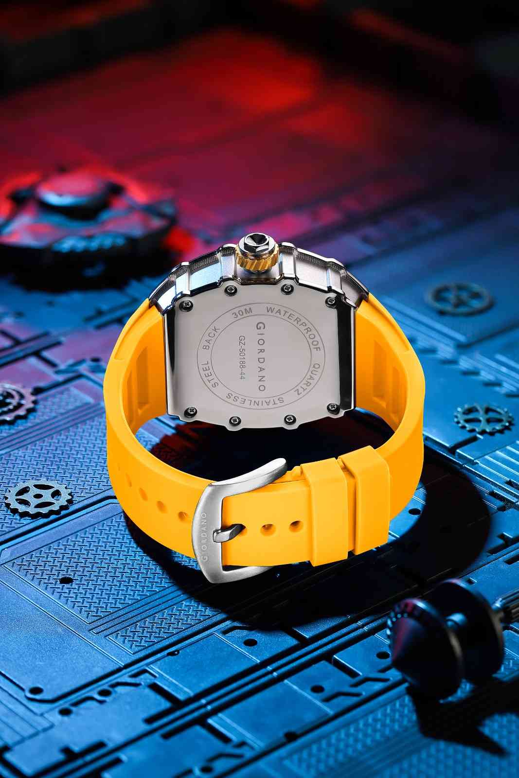 Giordano Analog Skeleton Dial Watch for Men – Tonneau Case, Silicone Strap, Open-Gear Sport Design, Quartz Movement - GZ-50188-44 - Image 4