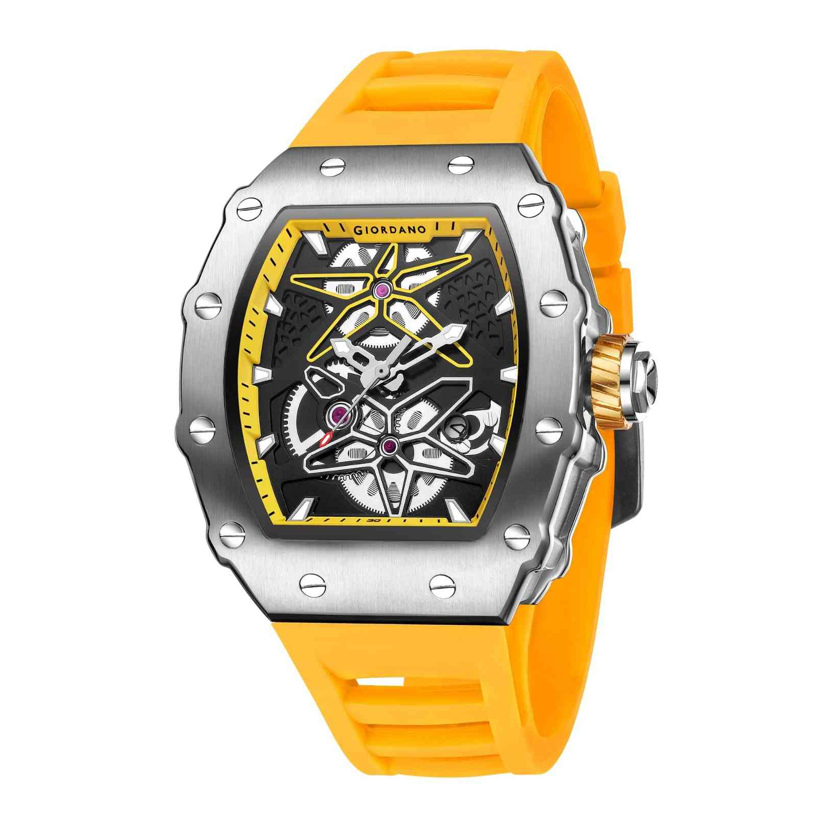 Giordano Analog Skeleton Dial Watch for Men – Tonneau Case, Silicone Strap, Open-Gear Sport Design, Quartz Movement - GZ-50188-44 - Image 5