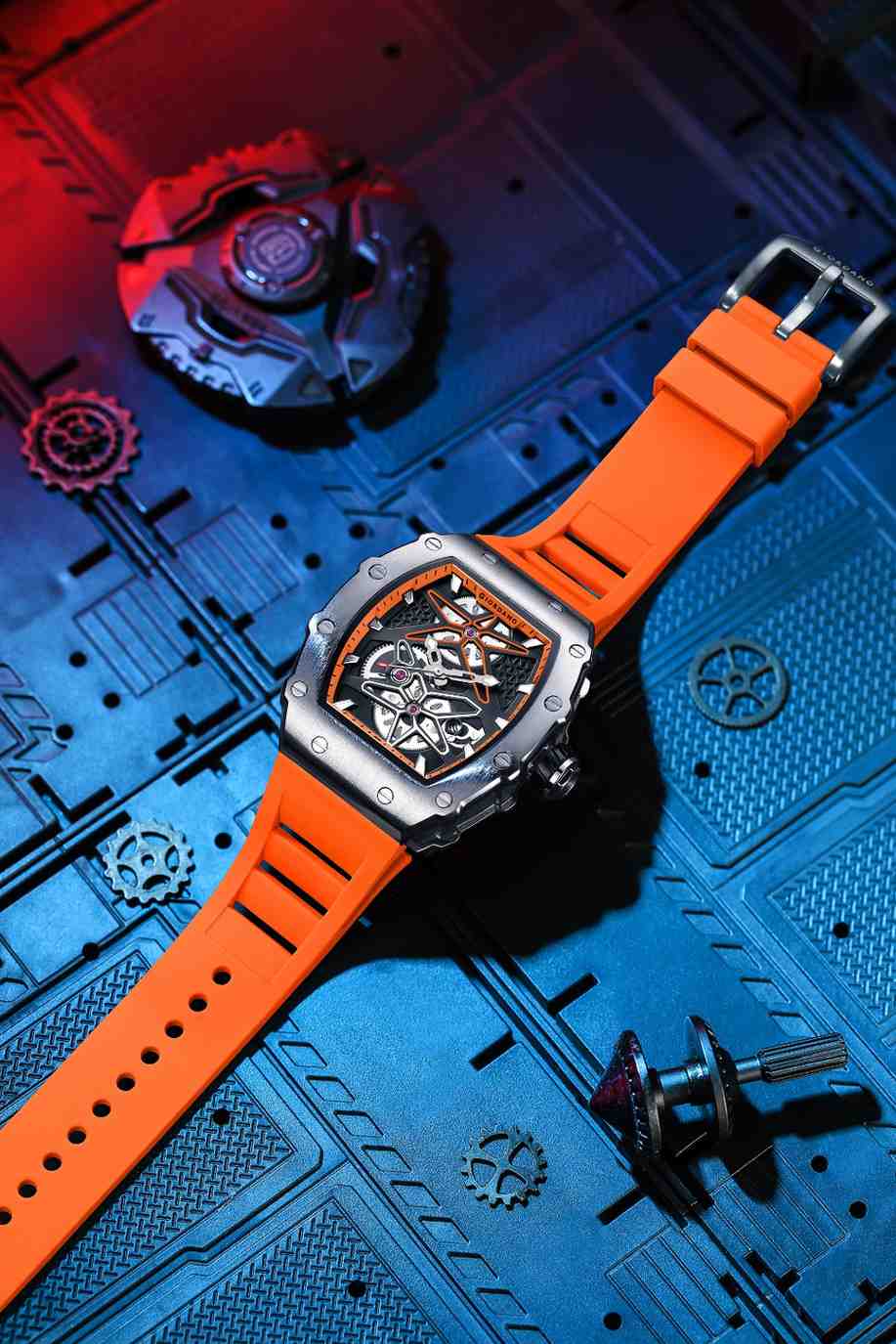 Giordano Analog Skeleton Dial Watch for Men – Tonneau Case, Silicone Strap, Open-Gear Sport Design, Quartz Movement - GZ-50188-55 - Image 3