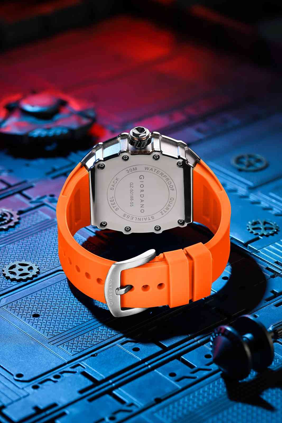 Giordano Analog Skeleton Dial Watch for Men – Tonneau Case, Silicone Strap, Open-Gear Sport Design, Quartz Movement - GZ-50188-55 - Image 4