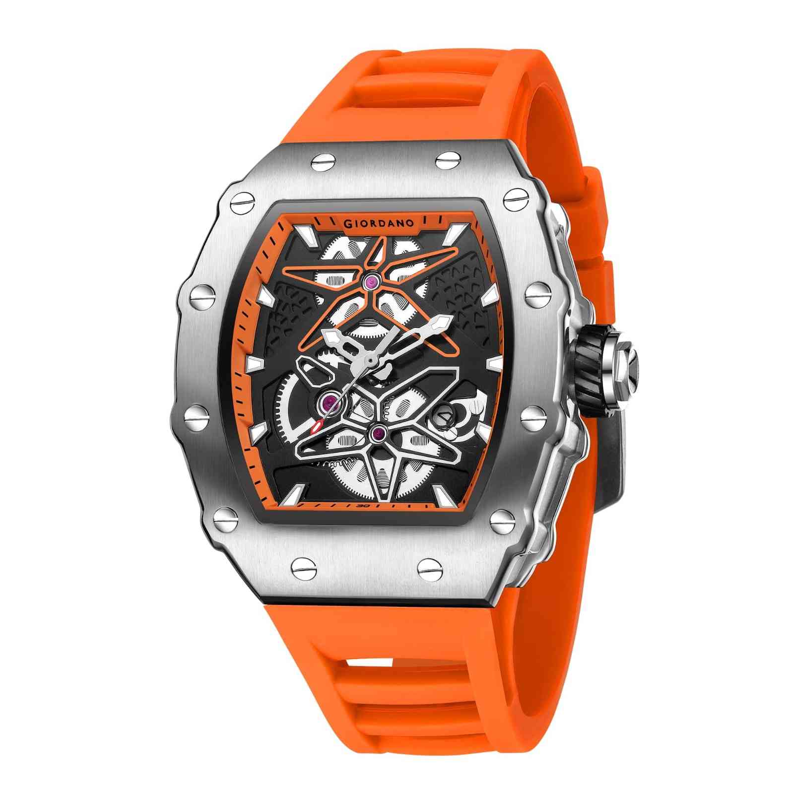 Giordano Analog Skeleton Dial Watch for Men – Tonneau Case, Silicone Strap, Open-Gear Sport Design, Quartz Movement - GZ-50188-55 - Image 5