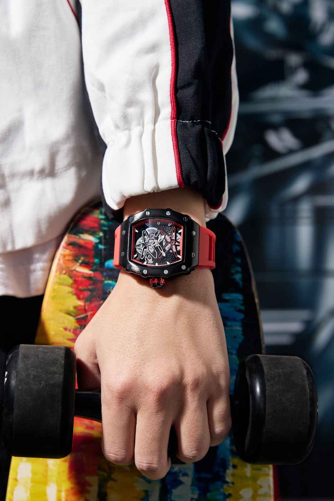 Giordano Analog Skeleton Dial Watch for Men – Tonneau Case, Silicone Strap, Open-Gear Sport Design, Quartz Movement - GZ-50188-66 - Image 2