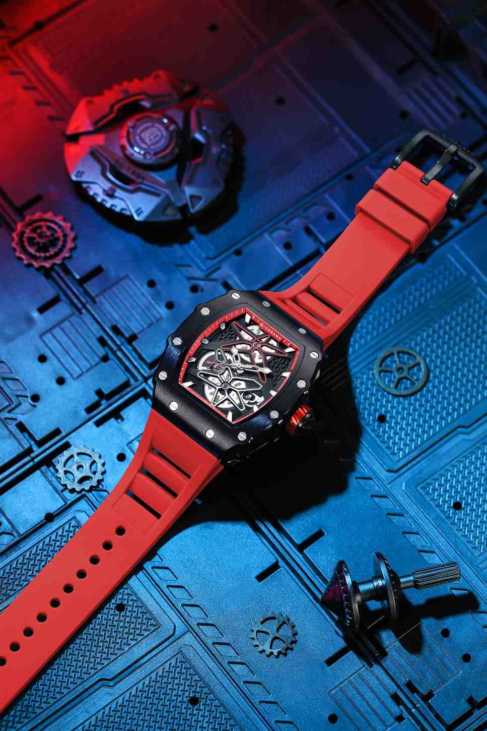 Giordano Analog Skeleton Dial Watch for Men – Tonneau Case, Silicone Strap, Open-Gear Sport Design, Quartz Movement - GZ-50188-66 - Image 4