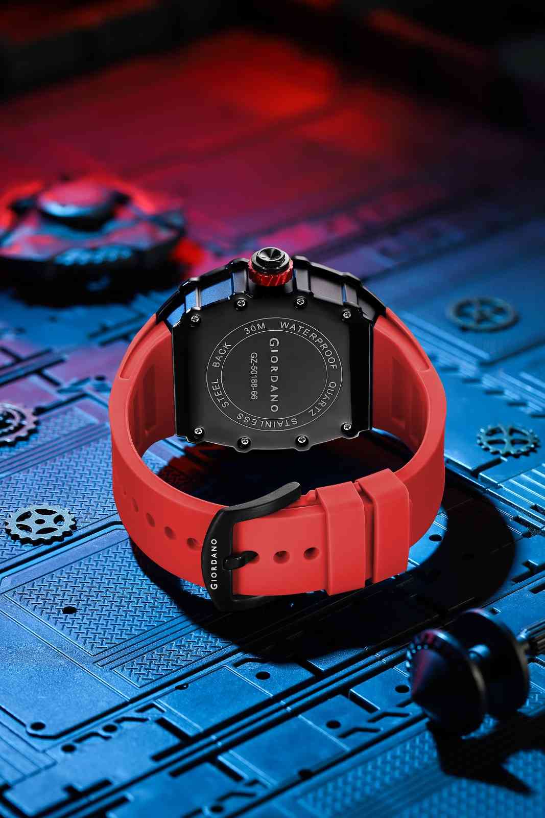 Giordano Analog Skeleton Dial Watch for Men – Tonneau Case, Silicone Strap, Open-Gear Sport Design, Quartz Movement - GZ-50188-66 - Image 5