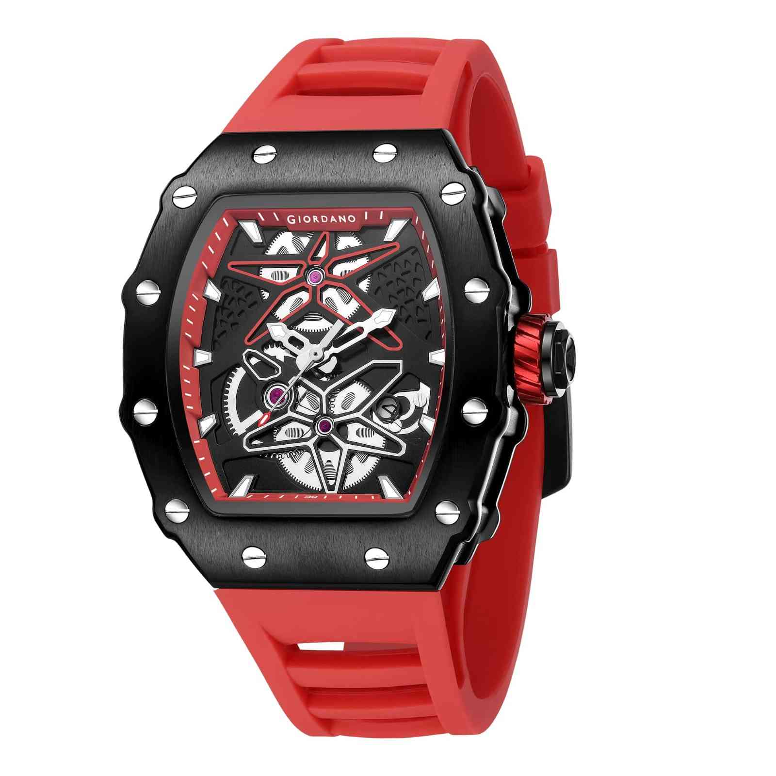 Giordano Analog Skeleton Dial Watch for Men – Tonneau Case, Silicone Strap, Open-Gear Sport Design, Quartz Movement - GZ-50188-66 - Image 6
