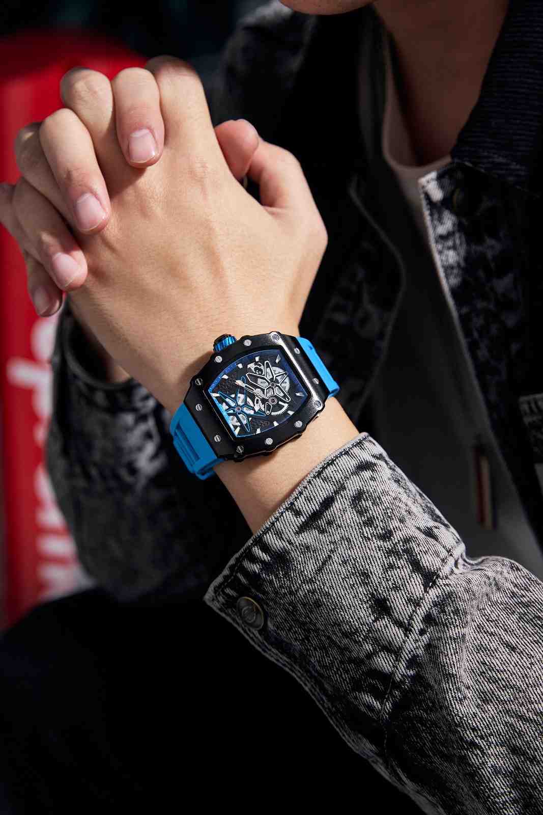 Giordano Analog Skeleton Dial Watch for Men – Tonneau Case, Silicone Strap, Open-Gear Sport Design, Quartz Movement - GZ-50188-77 - Image 2