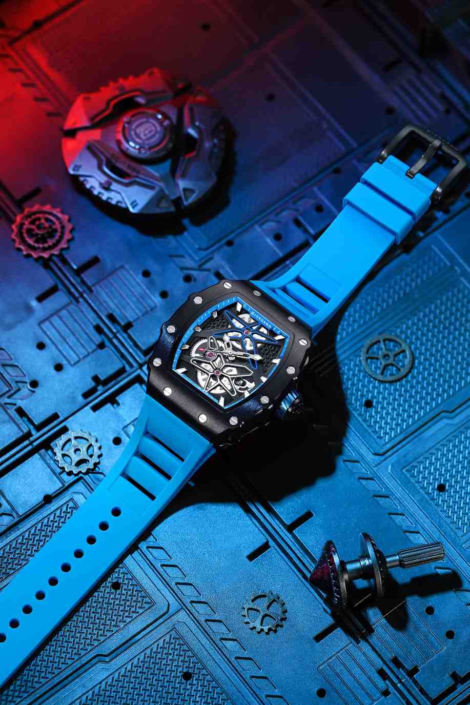 Giordano Analog Skeleton Dial Watch for Men – Tonneau Case, Silicone Strap, Open-Gear Sport Design, Quartz Movement - GZ-50188-77 - Image 3