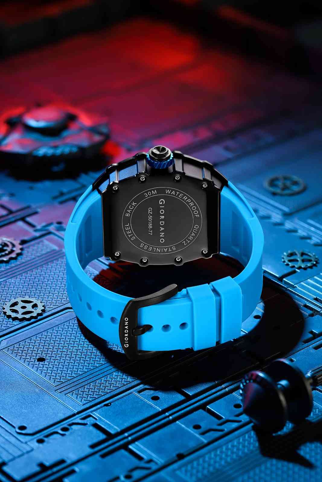 Giordano Analog Skeleton Dial Watch for Men – Tonneau Case, Silicone Strap, Open-Gear Sport Design, Quartz Movement - GZ-50188-77 - Image 4