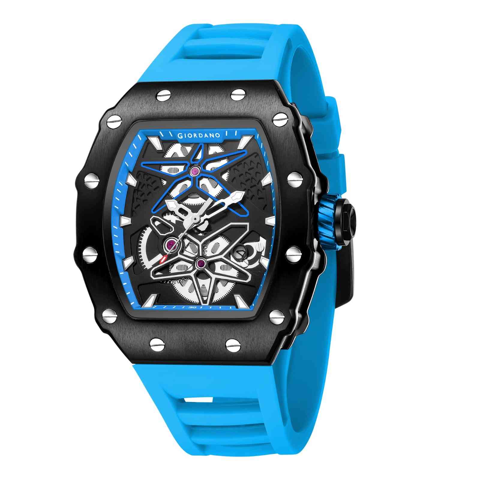 Giordano Analog Skeleton Dial Watch for Men – Tonneau Case, Silicone Strap, Open-Gear Sport Design, Quartz Movement - GZ-50188-77 - Image 5