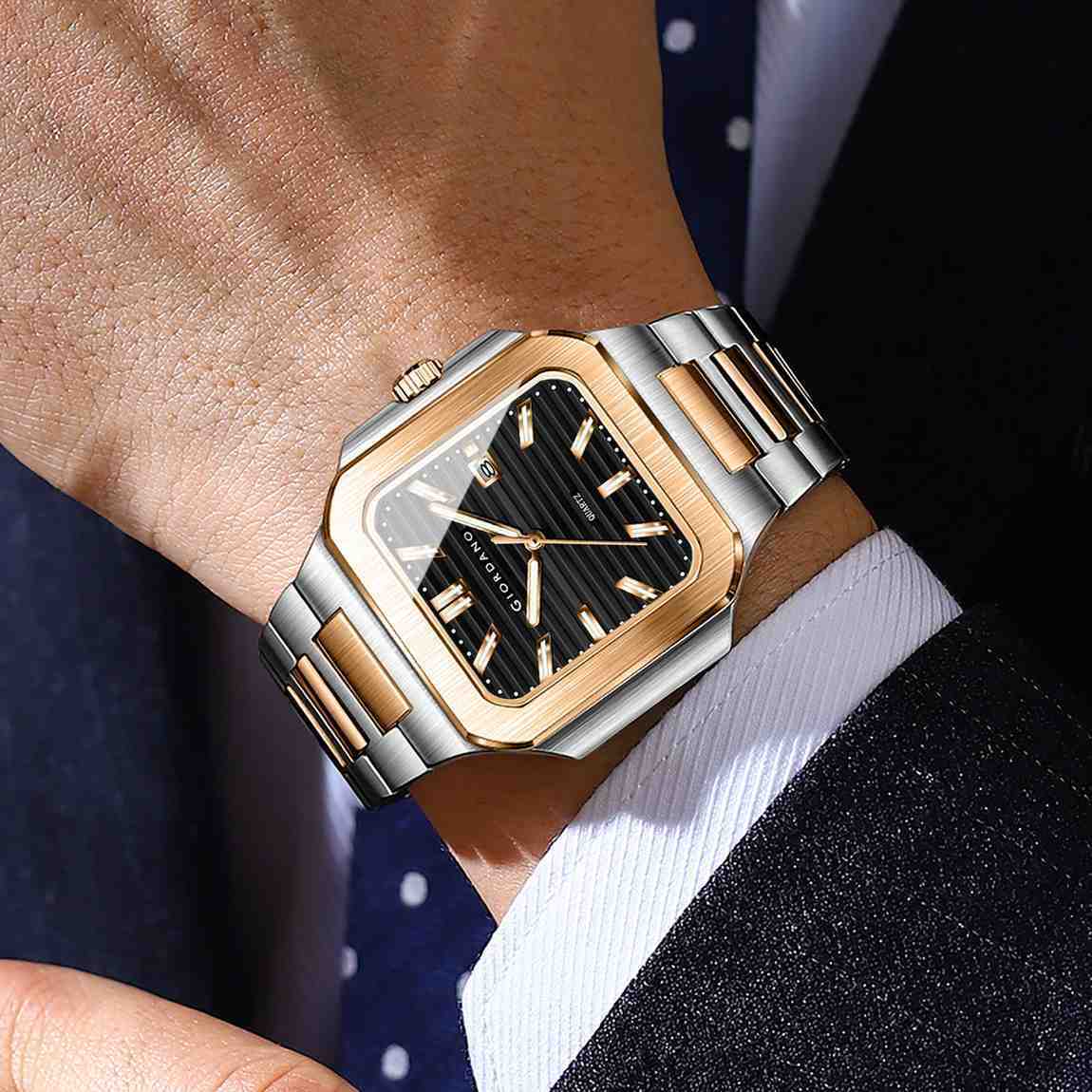 GIORDANO Analog Square Watch for Men – Textured Dial, Two-Tone Stainless Steel Strap, Quartz Movement and Date Display - GZ-50174-11 - Image 2