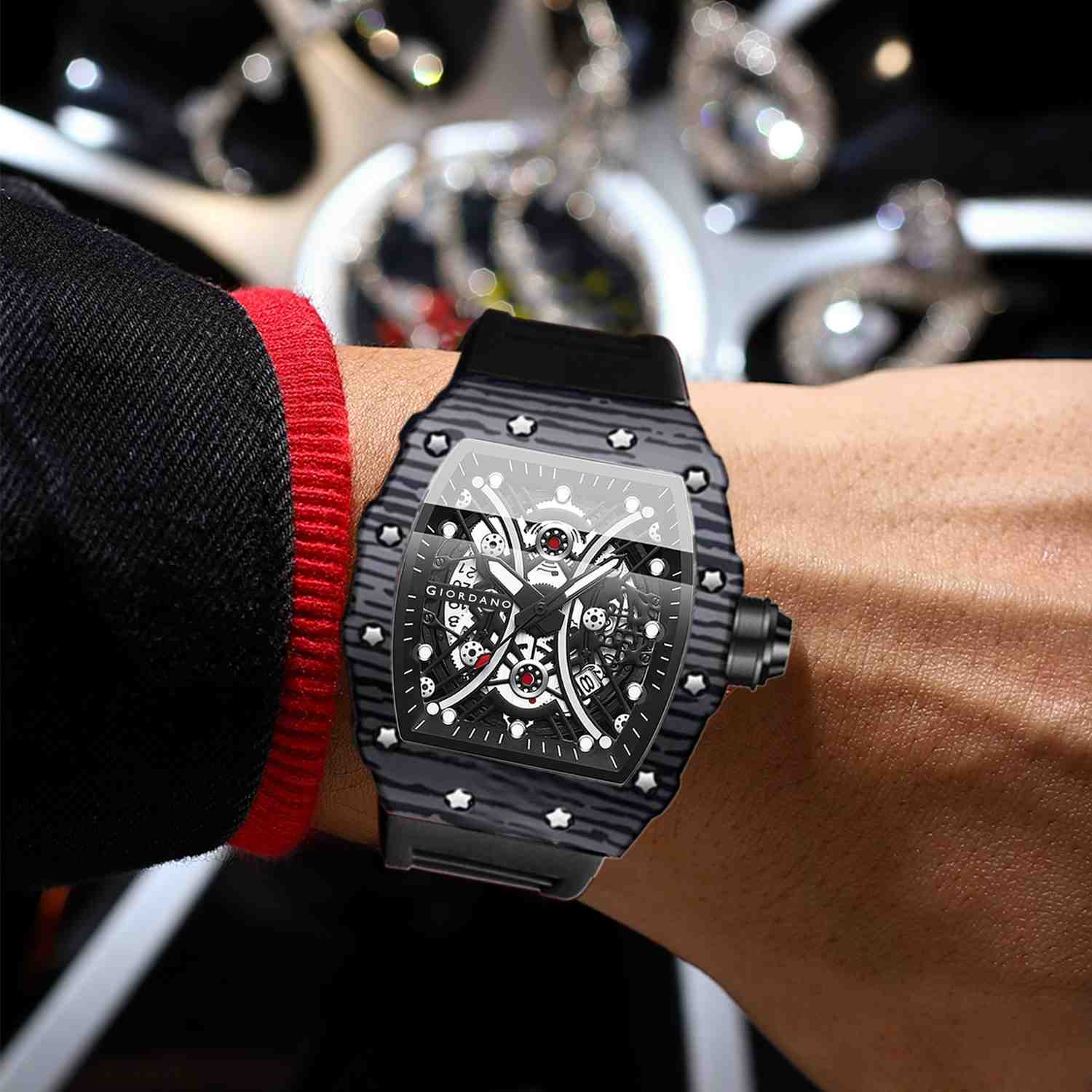 GIORDANO Analog Square Watch for Men with Skeleton Design, Rugged Textured Case, Luminous Hands, and Silicone Strap - GZ-50180-11 - Image 2