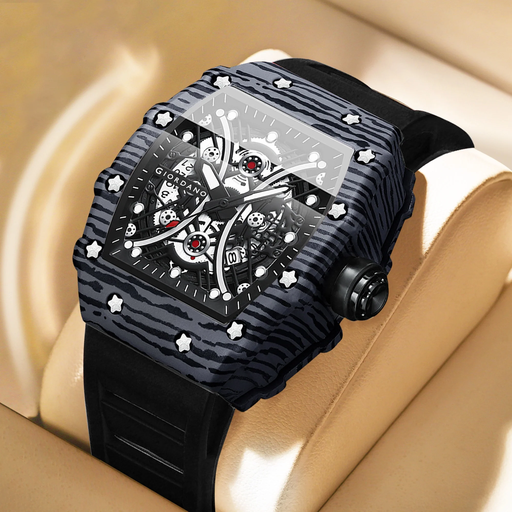 GIORDANO Analog Square Watch for Men with Skeleton Design, Rugged Textured Case, Luminous Hands, and Silicone Strap - GZ-50180-11 - Image 3