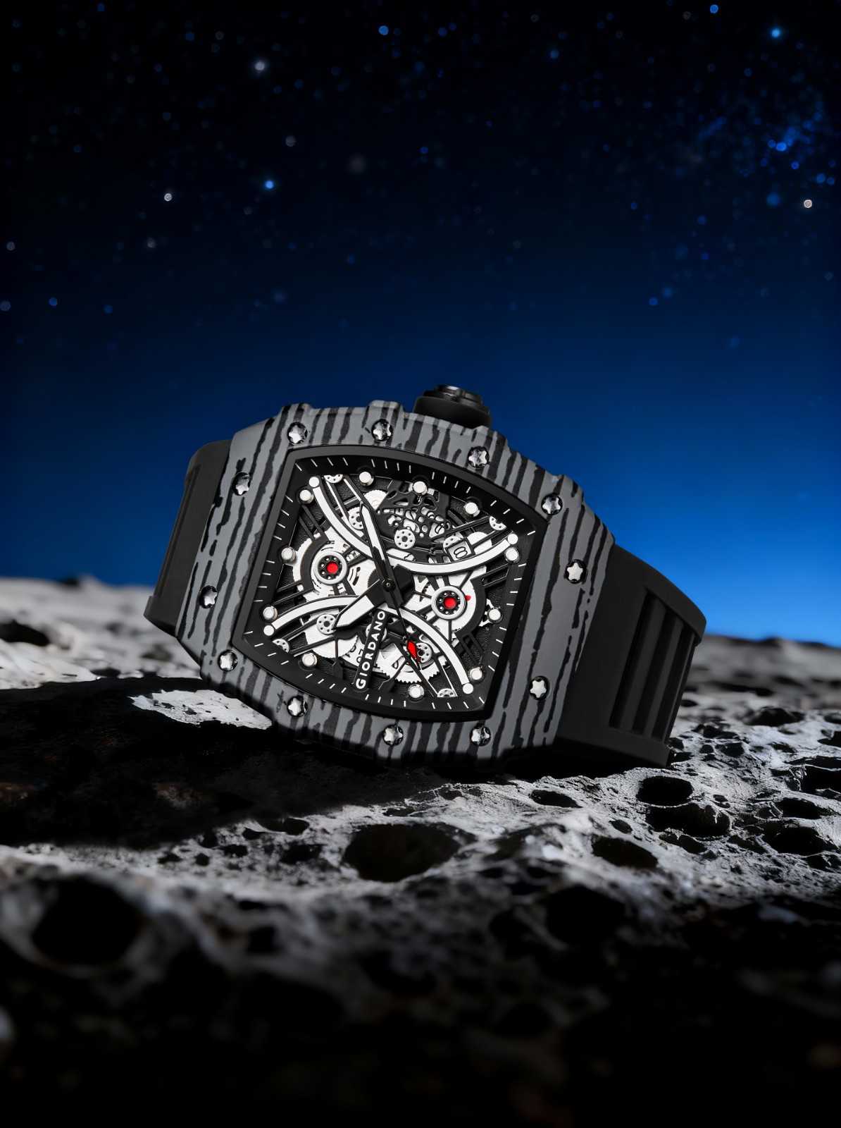 GIORDANO Analog Square Watch for Men with Skeleton Design, Rugged Textured Case, Luminous Hands, and Silicone Strap - GZ-50180-11 - Image 4