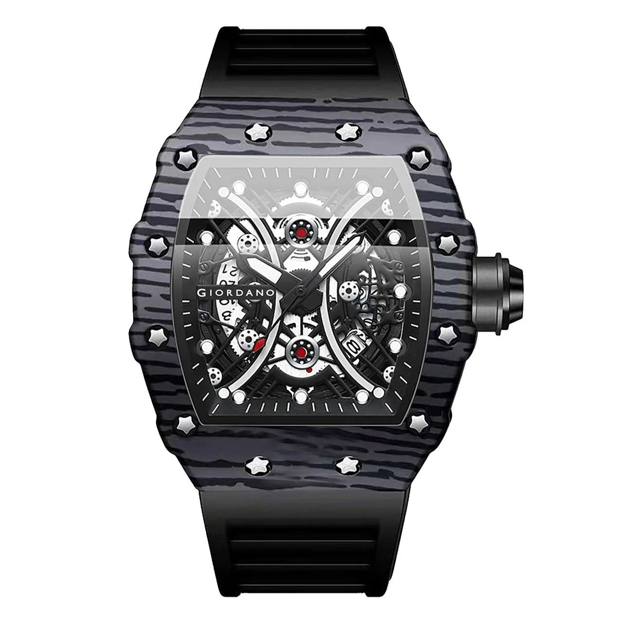 GIORDANO Analog Square Watch for Men with Skeleton Design, Rugged Textured Case, Luminous Hands, and Silicone Strap - GZ-50180-11 - Image 6