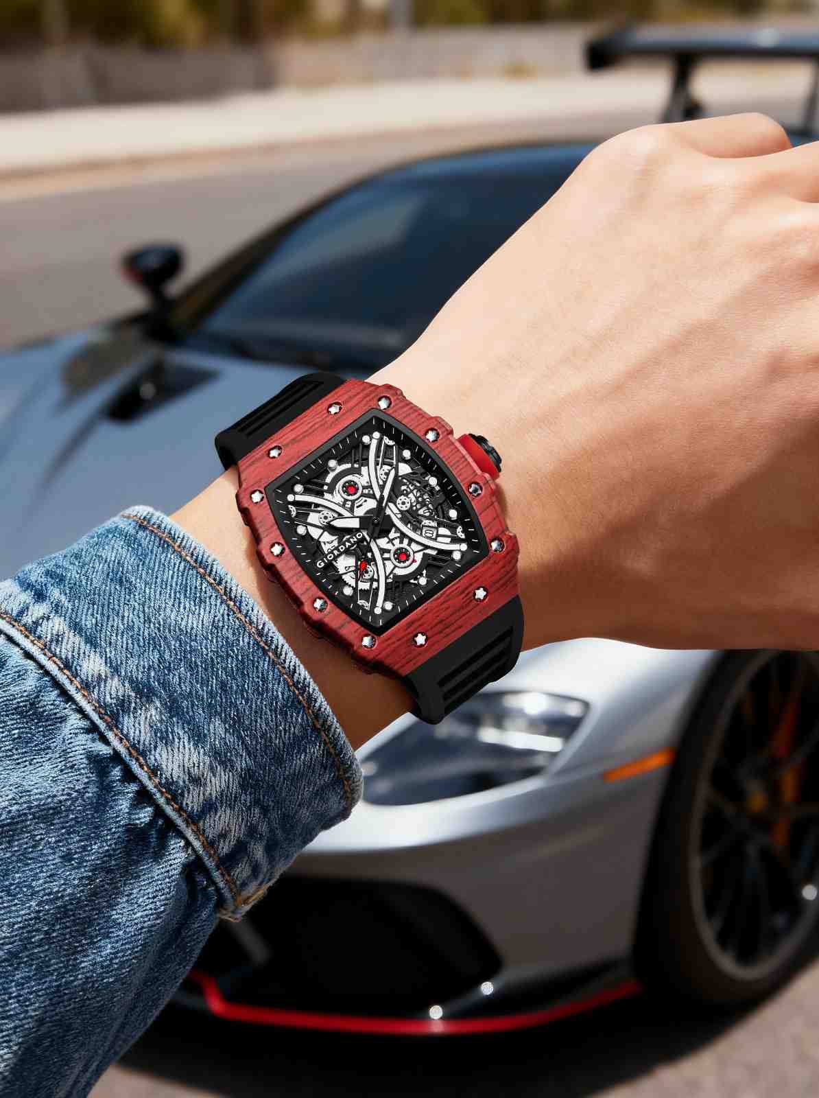 GIORDANO Analog Square Watch for Men with Skeleton Design, Rugged Textured Case, Luminous Hands, and Silicone Strap - GZ-50180-22 - Image 2