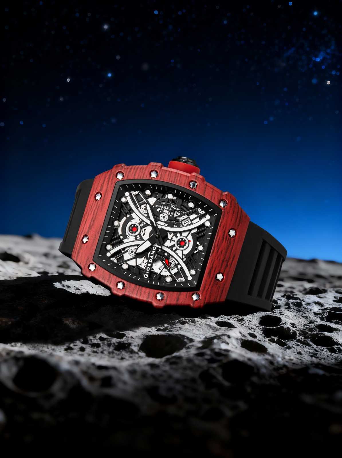 GIORDANO Analog Square Watch for Men with Skeleton Design, Rugged Textured Case, Luminous Hands, and Silicone Strap - GZ-50180-22 - Image 3