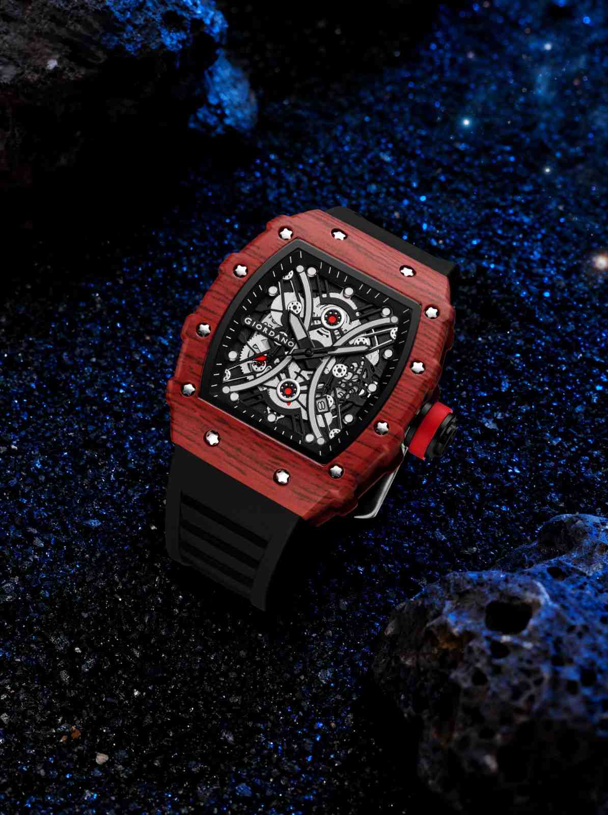GIORDANO Analog Square Watch for Men with Skeleton Design, Rugged Textured Case, Luminous Hands, and Silicone Strap - GZ-50180-22 - Image 4