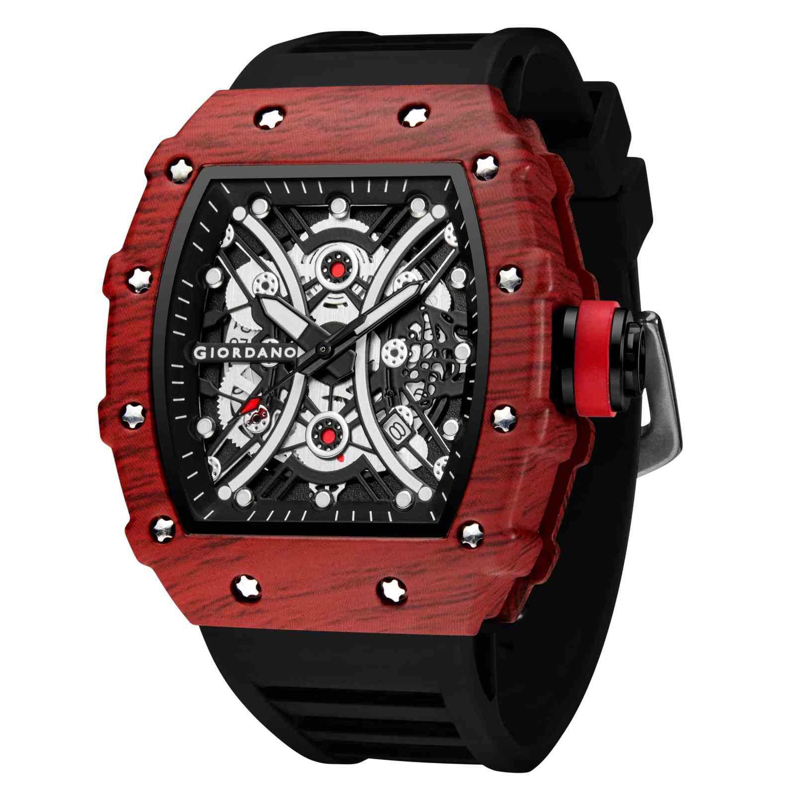 GIORDANO Analog Square Watch for Men with Skeleton Design, Rugged Textured Case, Luminous Hands, and Silicone Strap - GZ-50180-22 - Image 6
